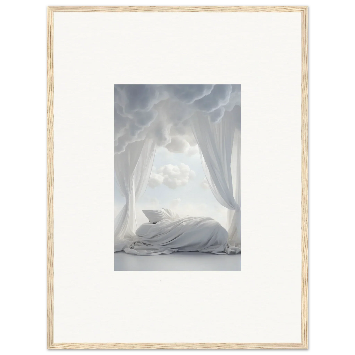 Framed canvas print of a dreamy bed with flowing drapes for Heaven Acres Whisper room decoration