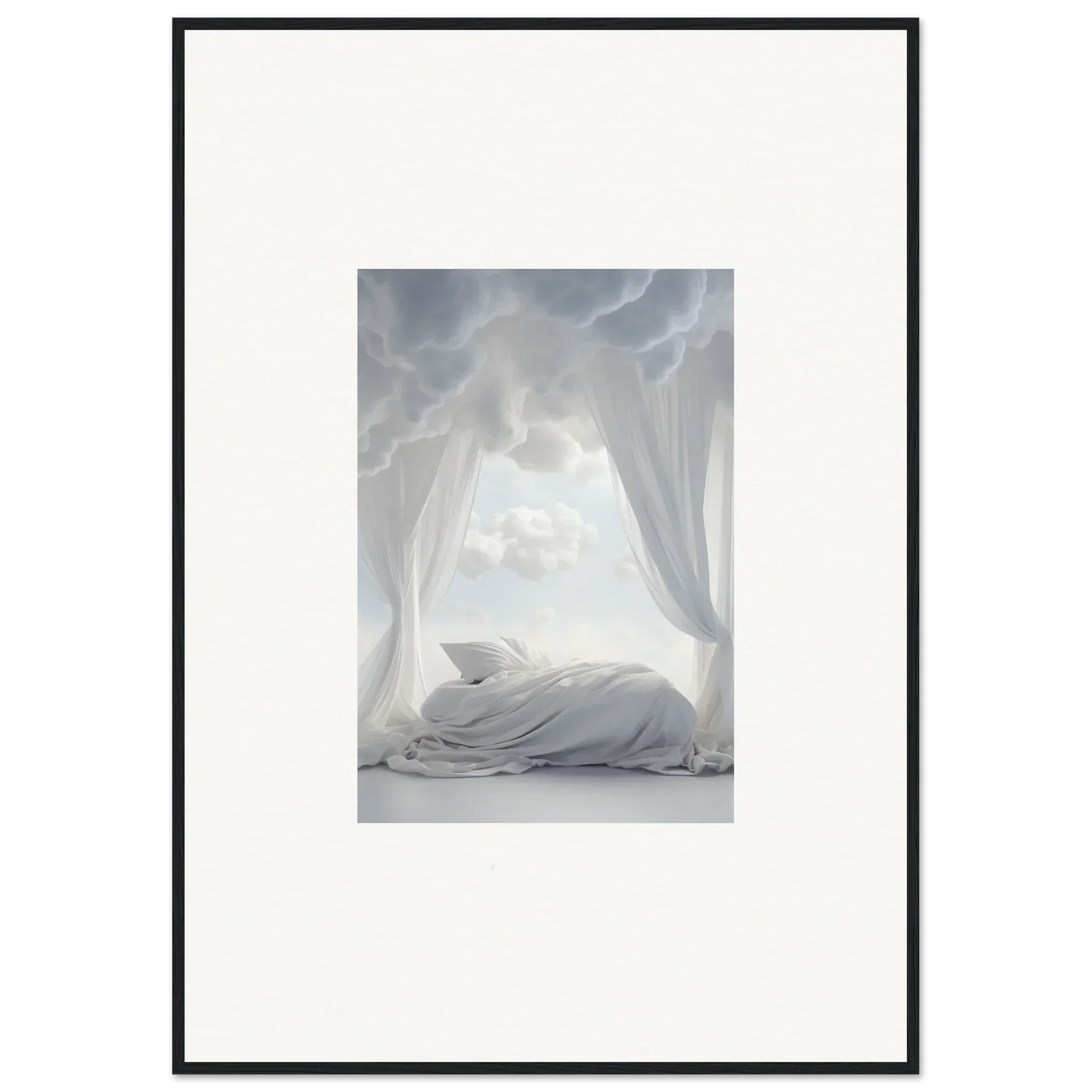 Unmade bed with white sheets and billowing curtains in Heavenly Acres Whisper decor