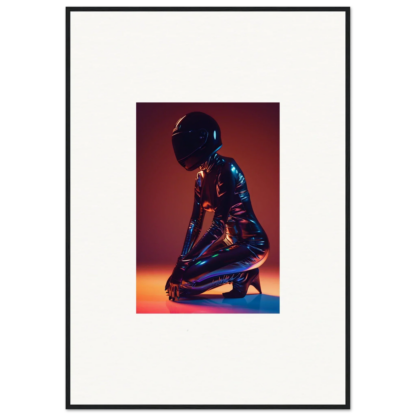Kneeling figure in metallic bodysuit and helmet, perfect for Night Oracle room decor