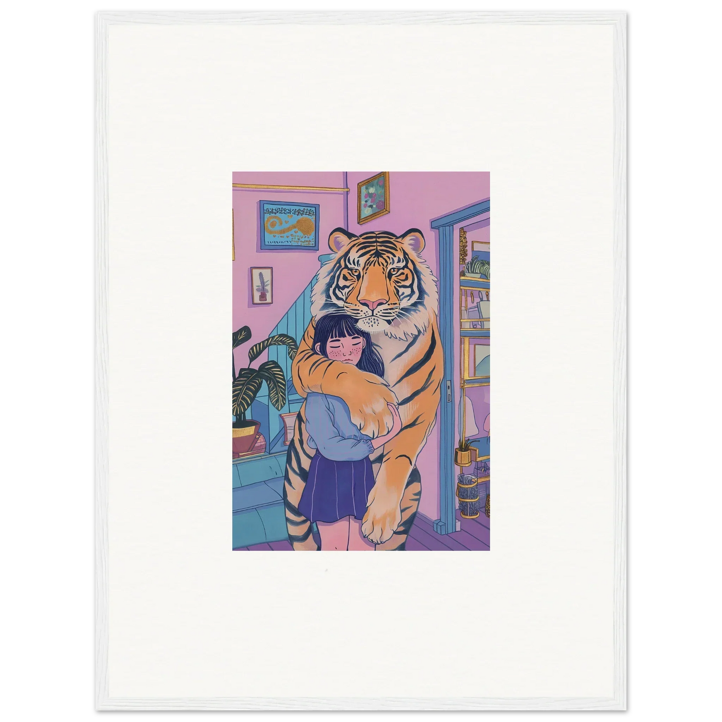 Person hugging a tiger in a cozy room for a perfect spirit embrace canvas print