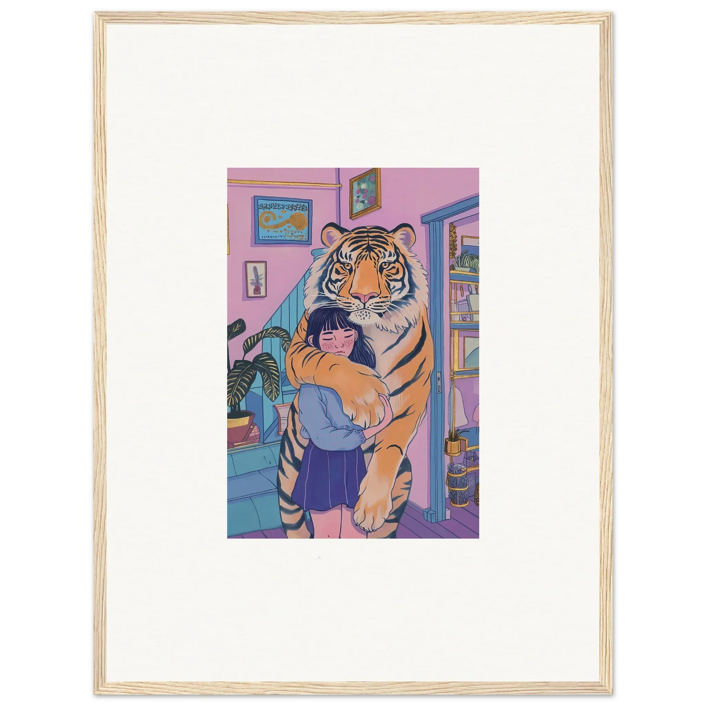 Framed canvas print of a child hugging a tiger for vibrant room decoration, Spirit Embrace