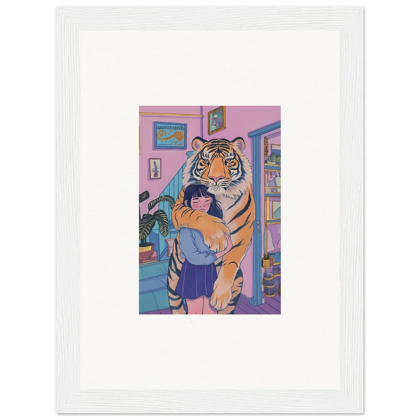 Tiger standing upright embracing a person in a cozy room for spirit embrace canvas print