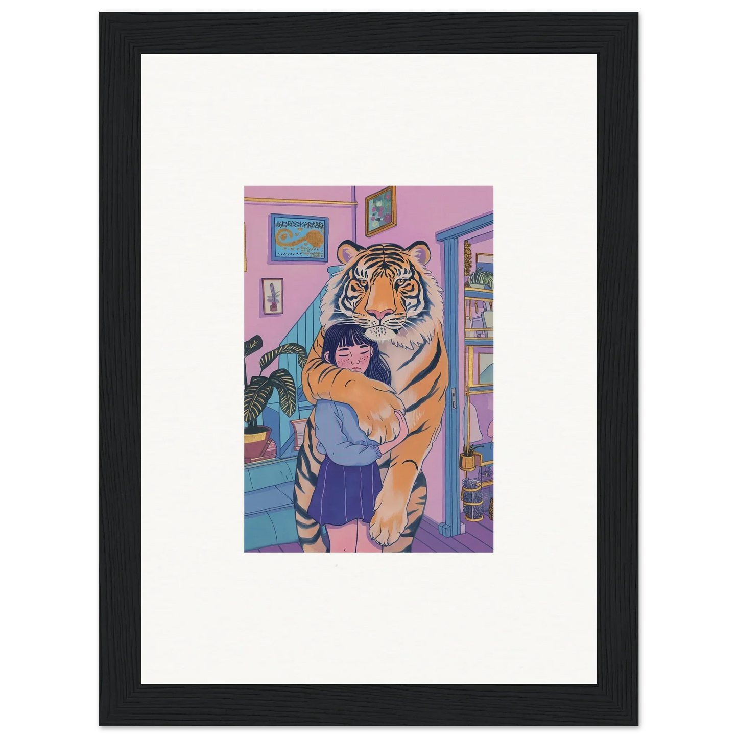 Framed canvas print of a person hugging a tiger for vibrant room decoration