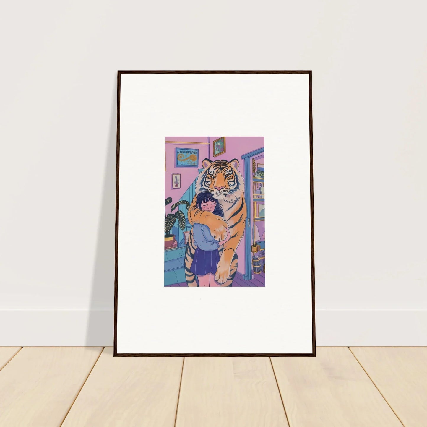 Framed canvas print of a tiger hugging a person for room decoration in vibrant colors
