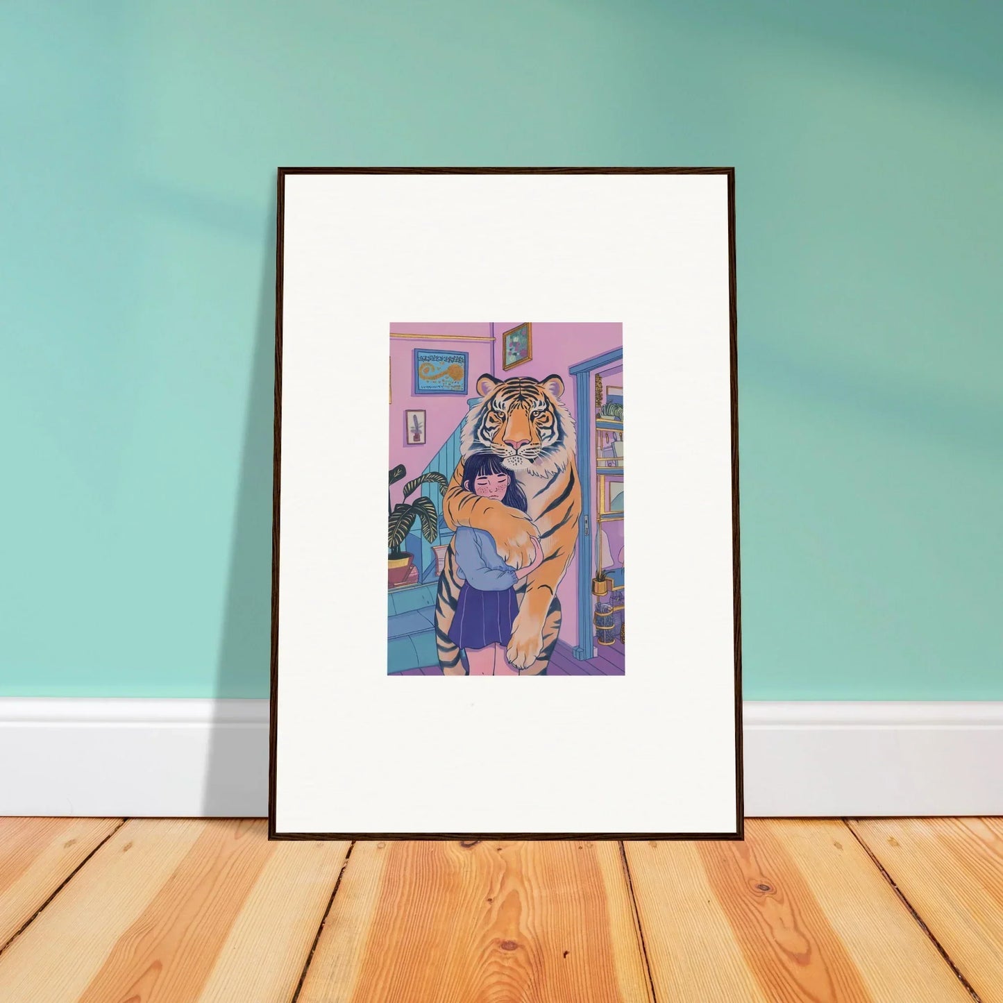 Colorful canvas print of spirit embrace with a tiger and person for room decoration