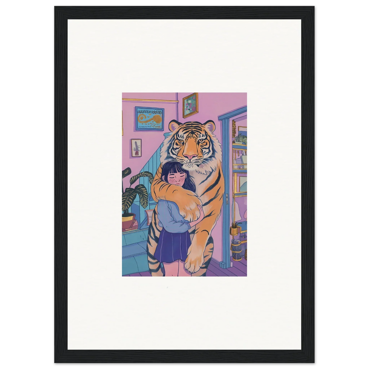 Framed canvas print of spirit embrace with person and tiger in vibrant room decoration