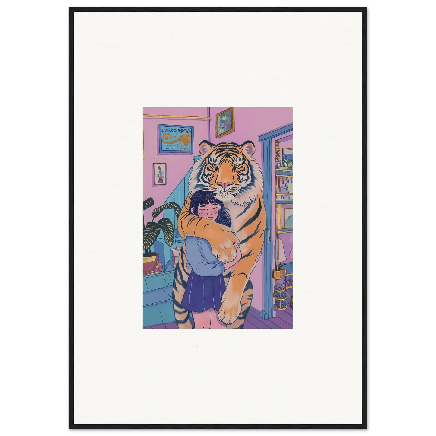 Framed canvas print of a spirit embrace with a person hugging a tiger in a colorful room