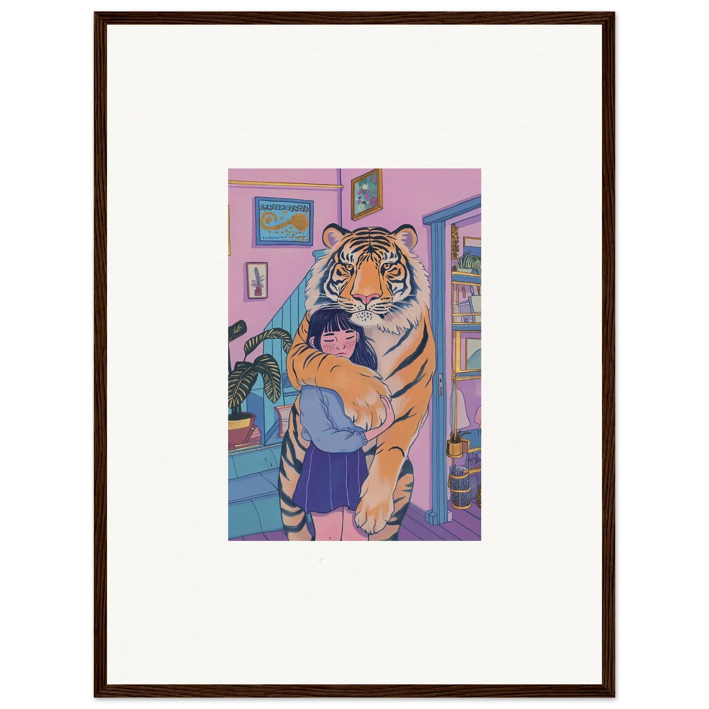 Colorful canvas print of a spirit embrace with a person hugging a tiger for room decoration