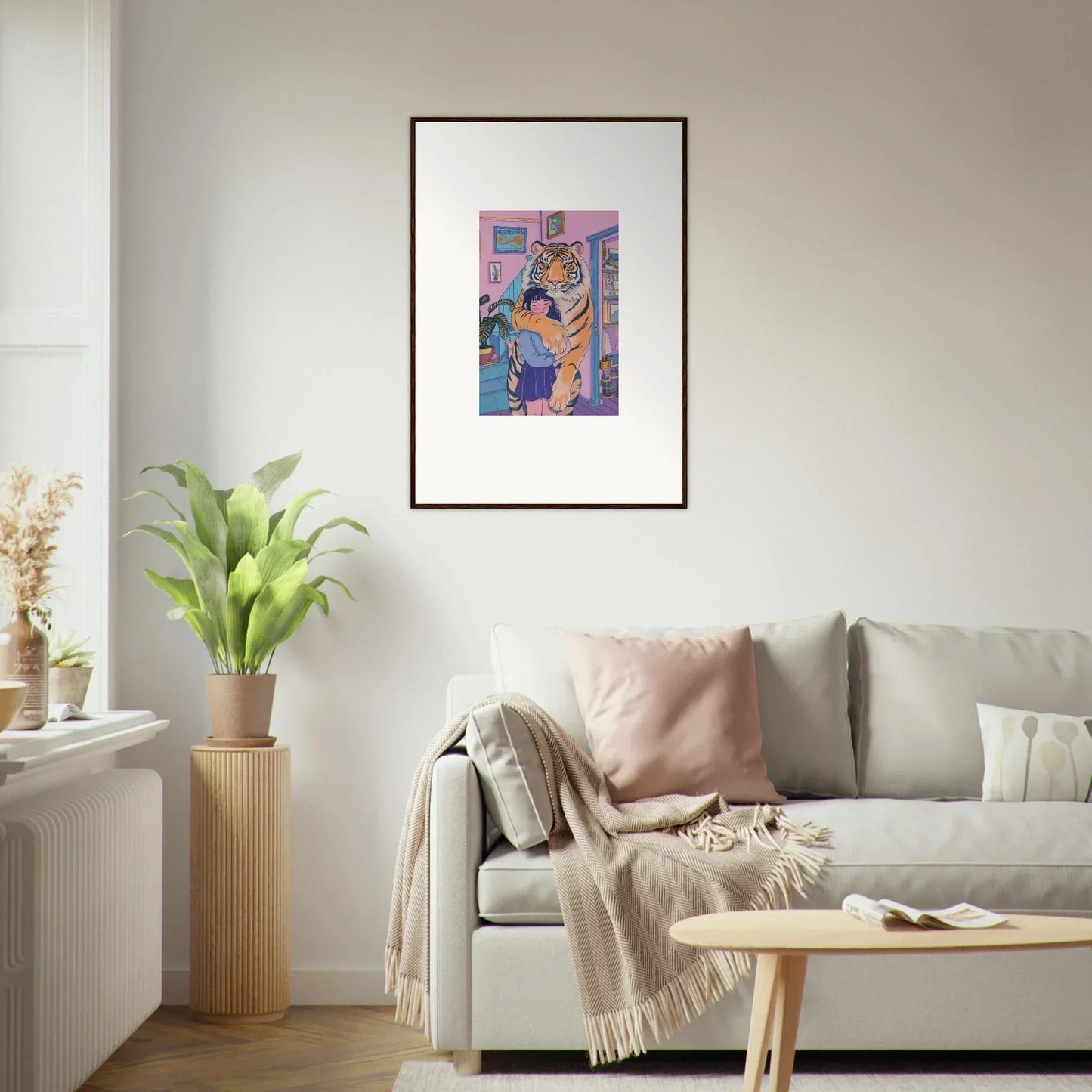 Vibrant canvas print of a figure embracing a cat, perfect for spirit embrace room decoration