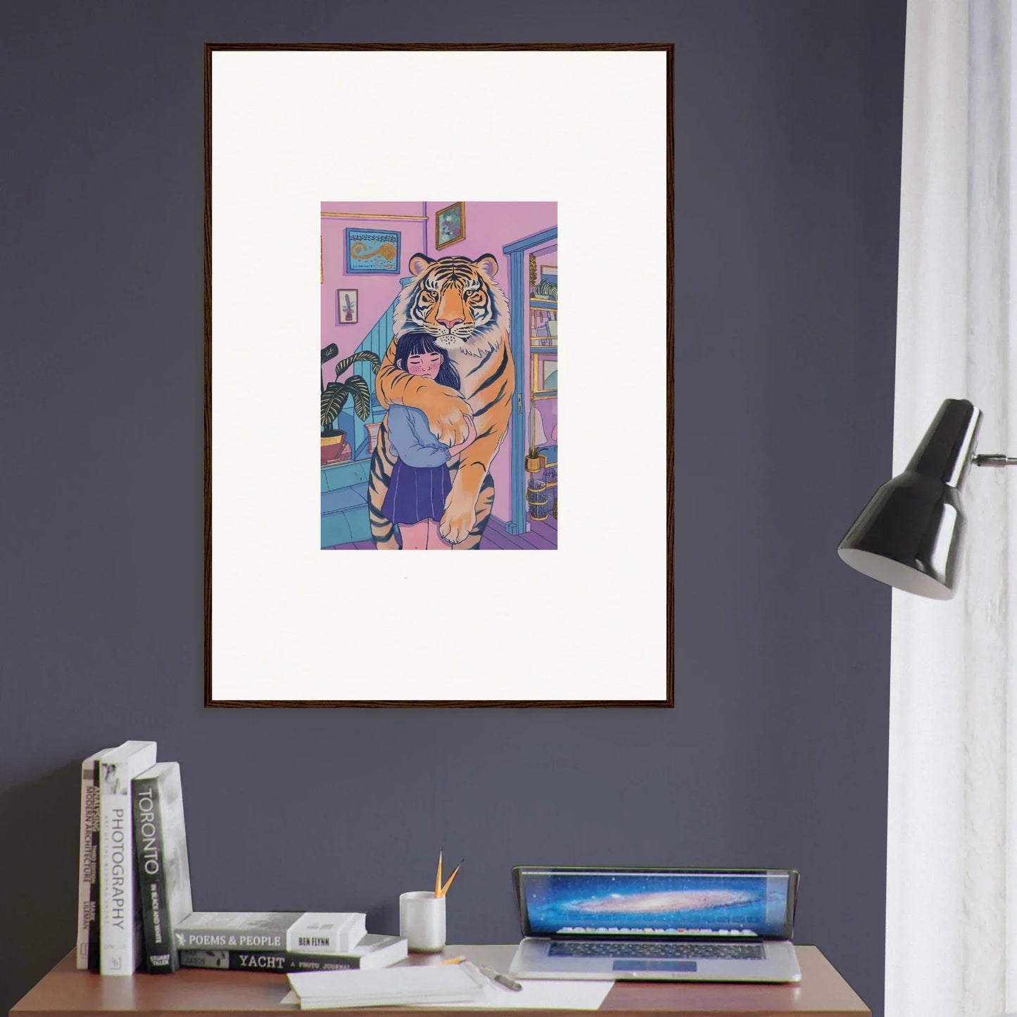 Framed canvas print of a tiger-headed figure for vibrant room decoration spirit embrace