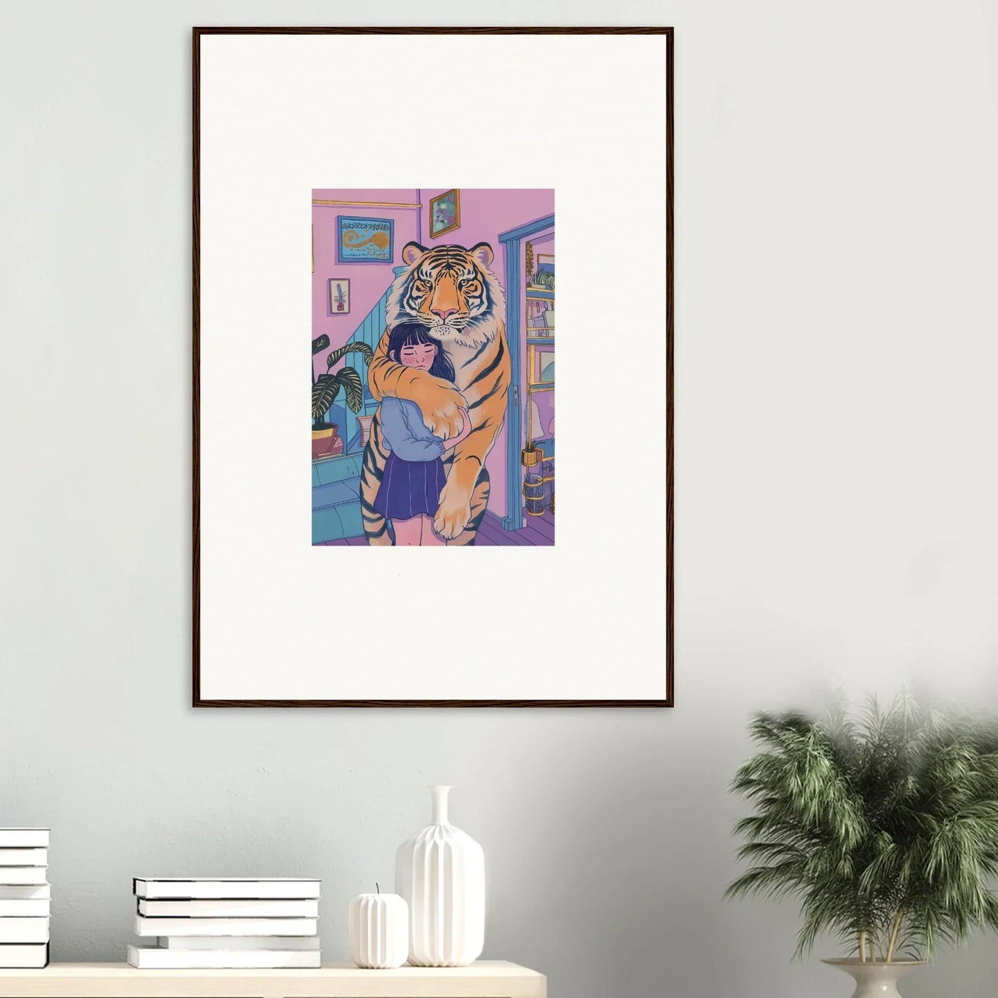 Colorful canvas print of spirit embrace with a person hugging a tiger for room decoration