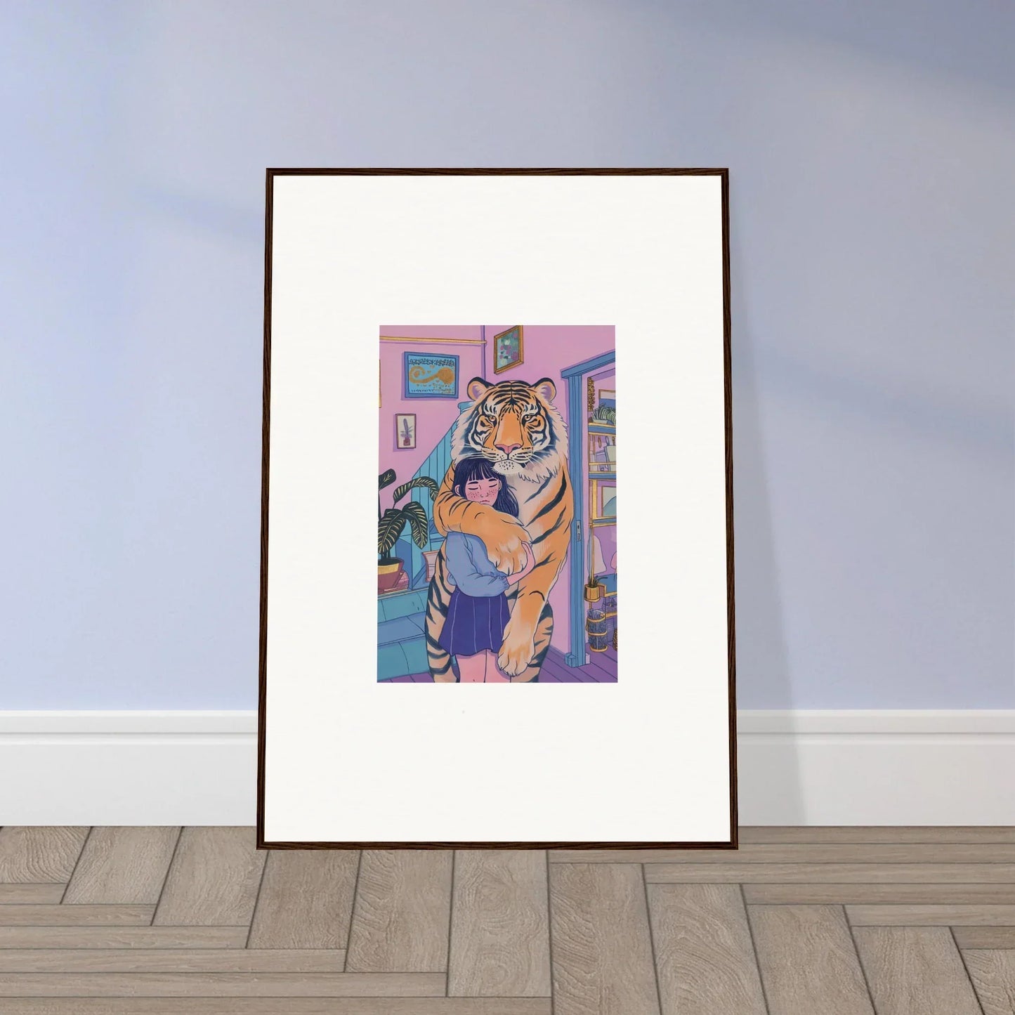 Framed canvas print of a tiger in a pink room for a bold spirit embrace decor
