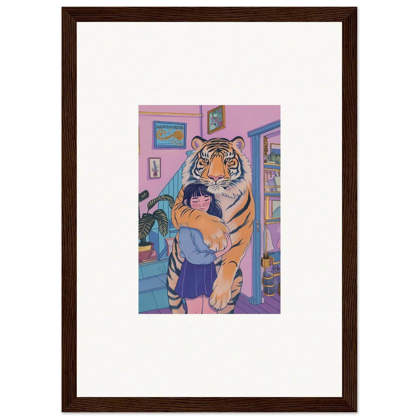Framed canvas print of a woman embracing a tiger for vibrant room decoration