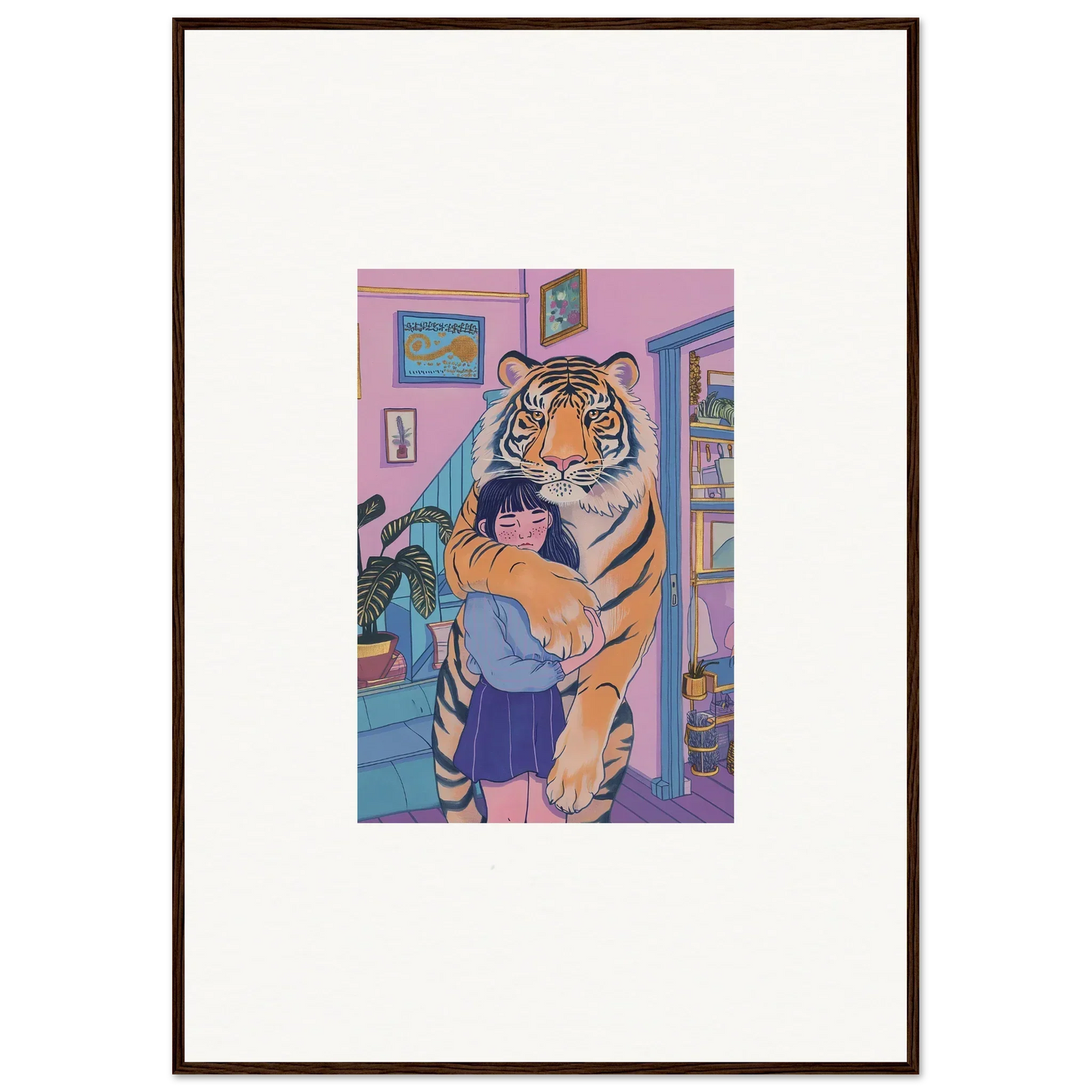 Colorful canvas print of a child hugging a tiger, perfect spirit embrace room decoration