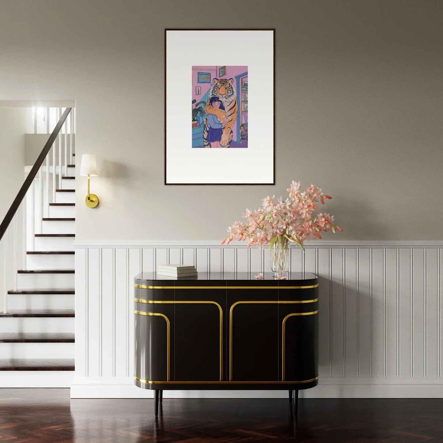 Framed colorful canvas print of Spirit Embrace above a stylish black and gold sideboard