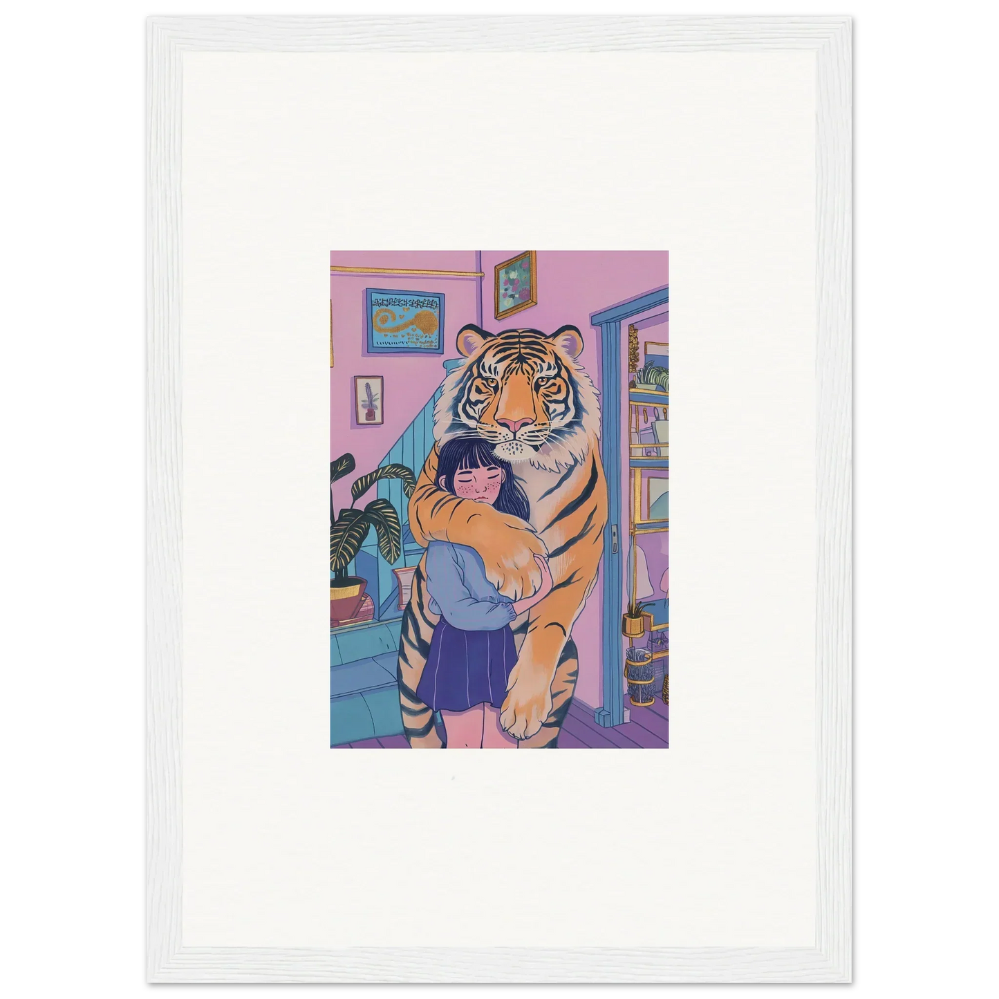 Framed canvas print of spirit embrace with a person hugging a tiger for room decoration