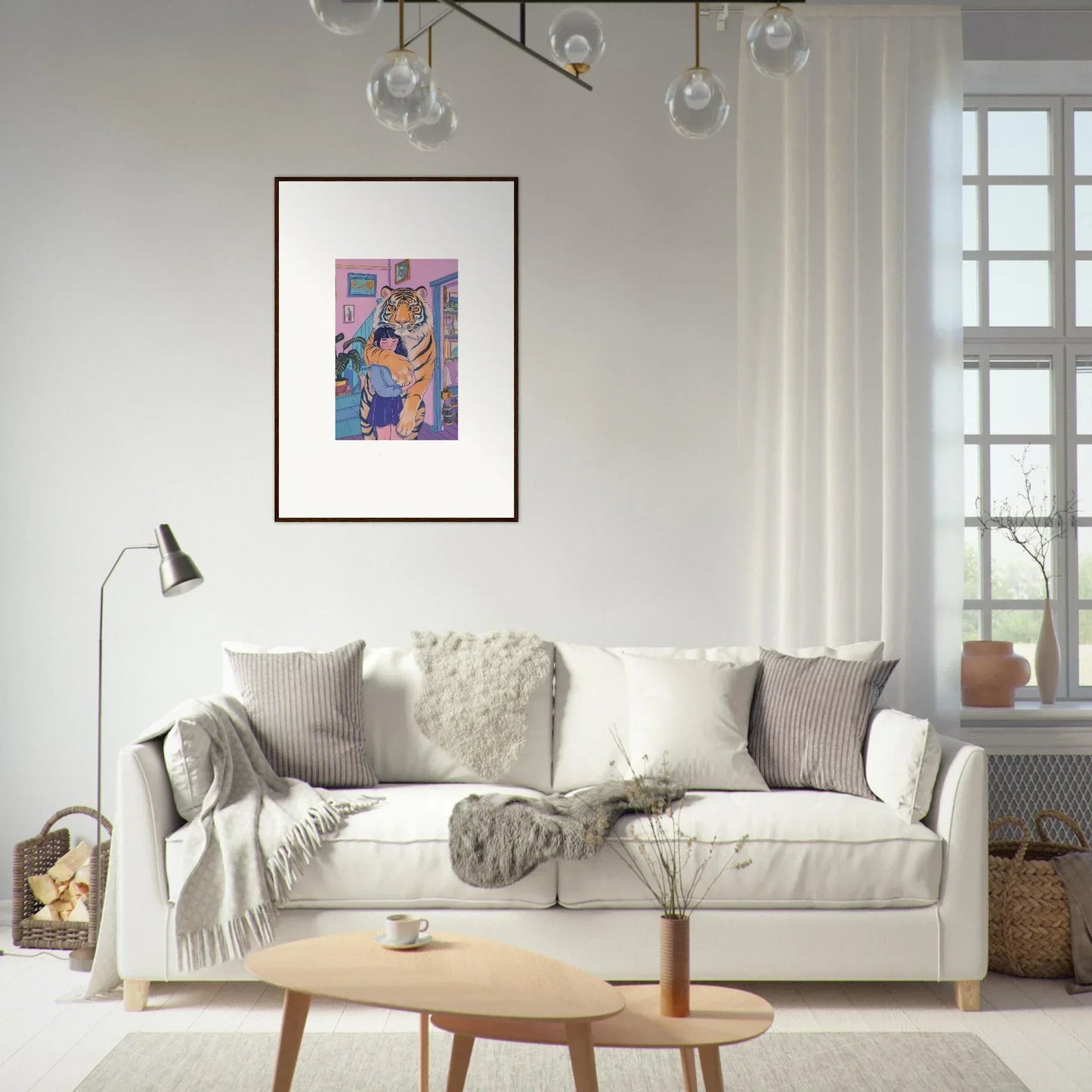 Cozy White Sofa with Throw Pillows and Blankets for Room Decoration and Spirit Embrace