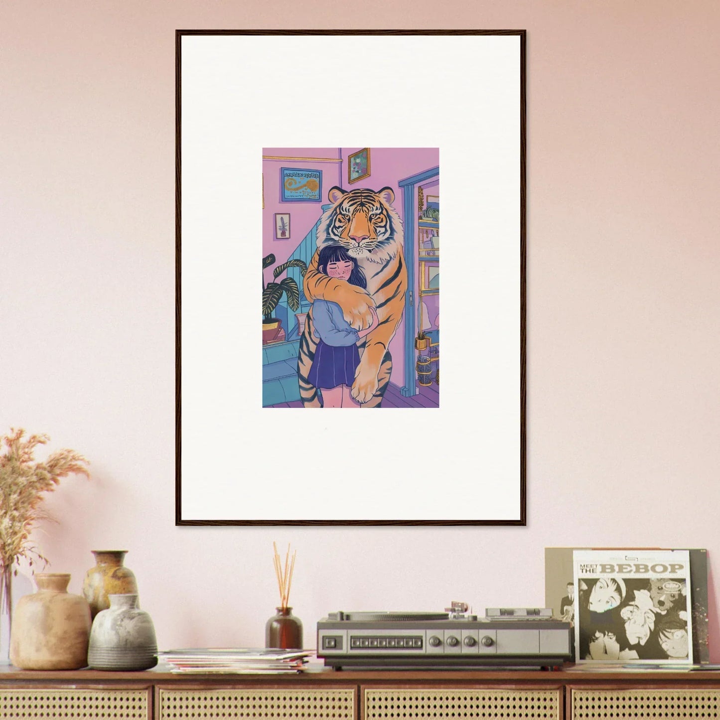 Framed artwork of a tiger in a colorful room for spirit embrace decor