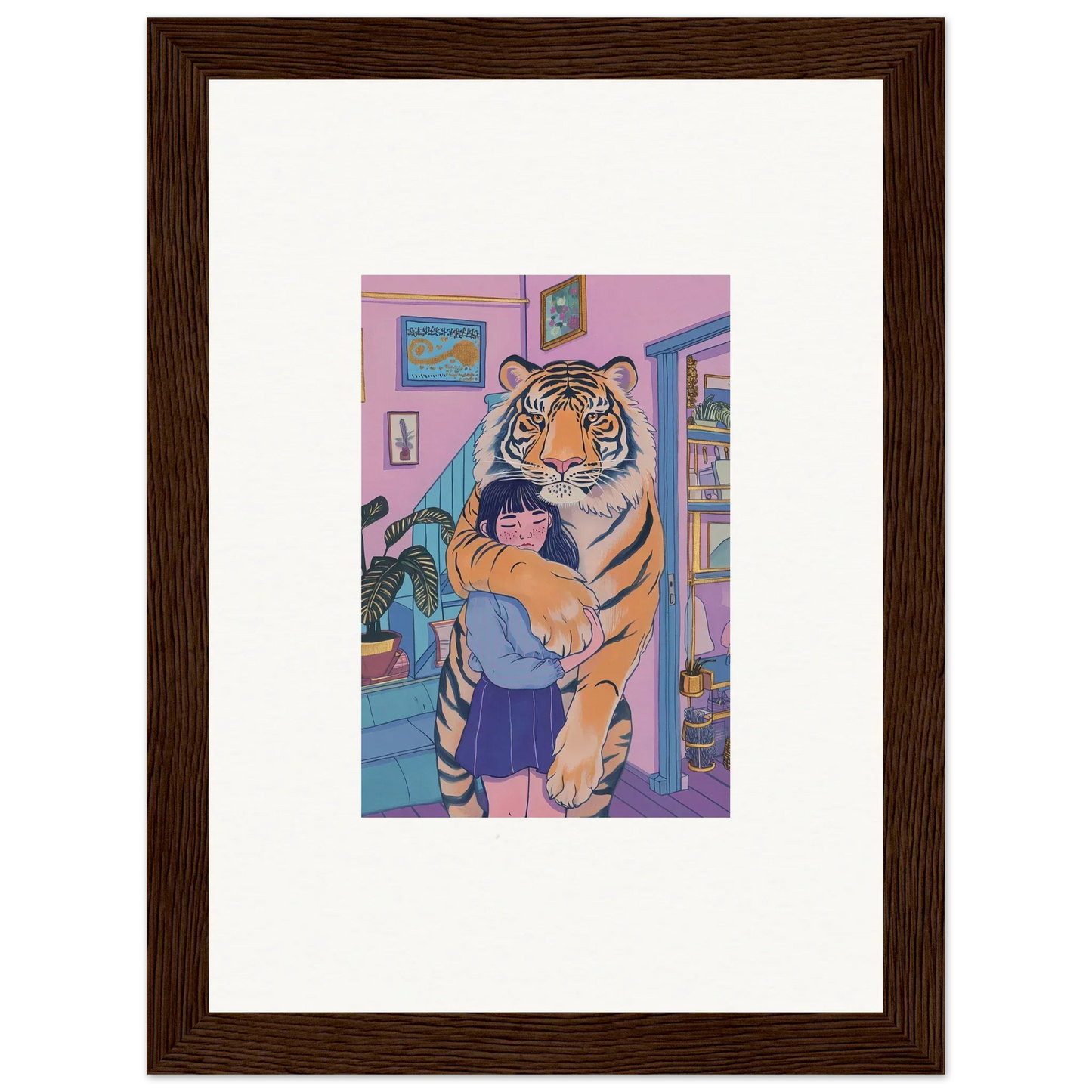 Framed canvas print of spirit embrace with a person hugging a tiger in vibrant decor