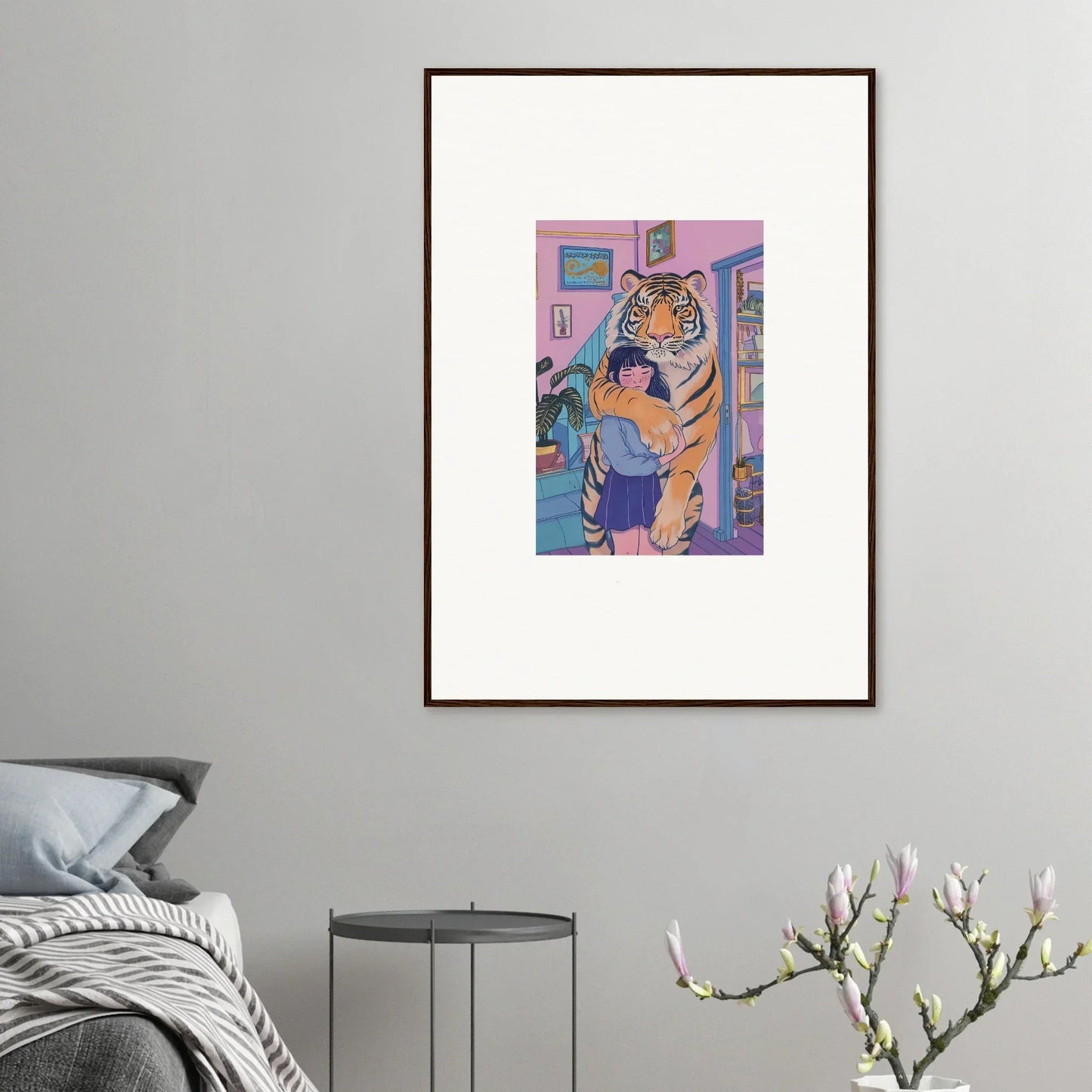 Framed canvas print of a tiger and person for vibrant room decoration and spirit embrace