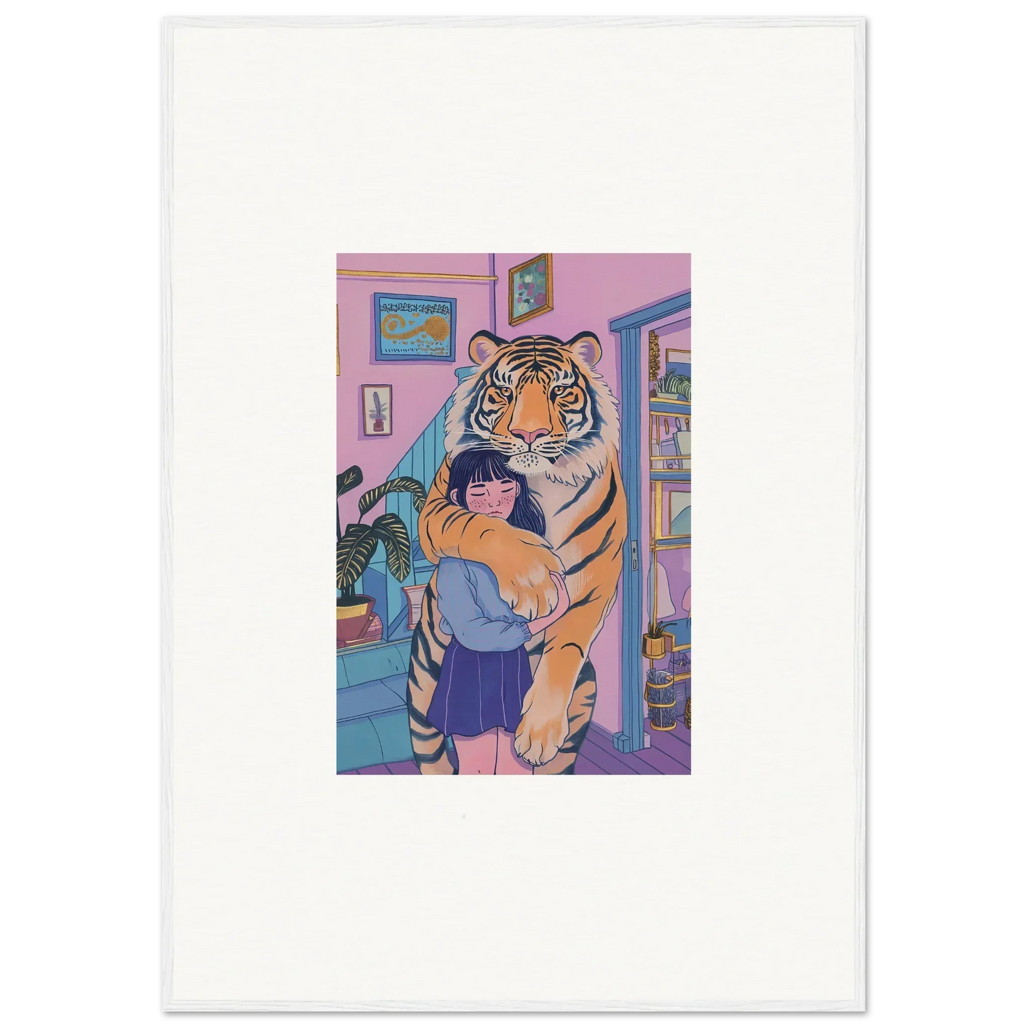 Colorful room decoration featuring a person hugging a tiger in a spirit embrace canvas print