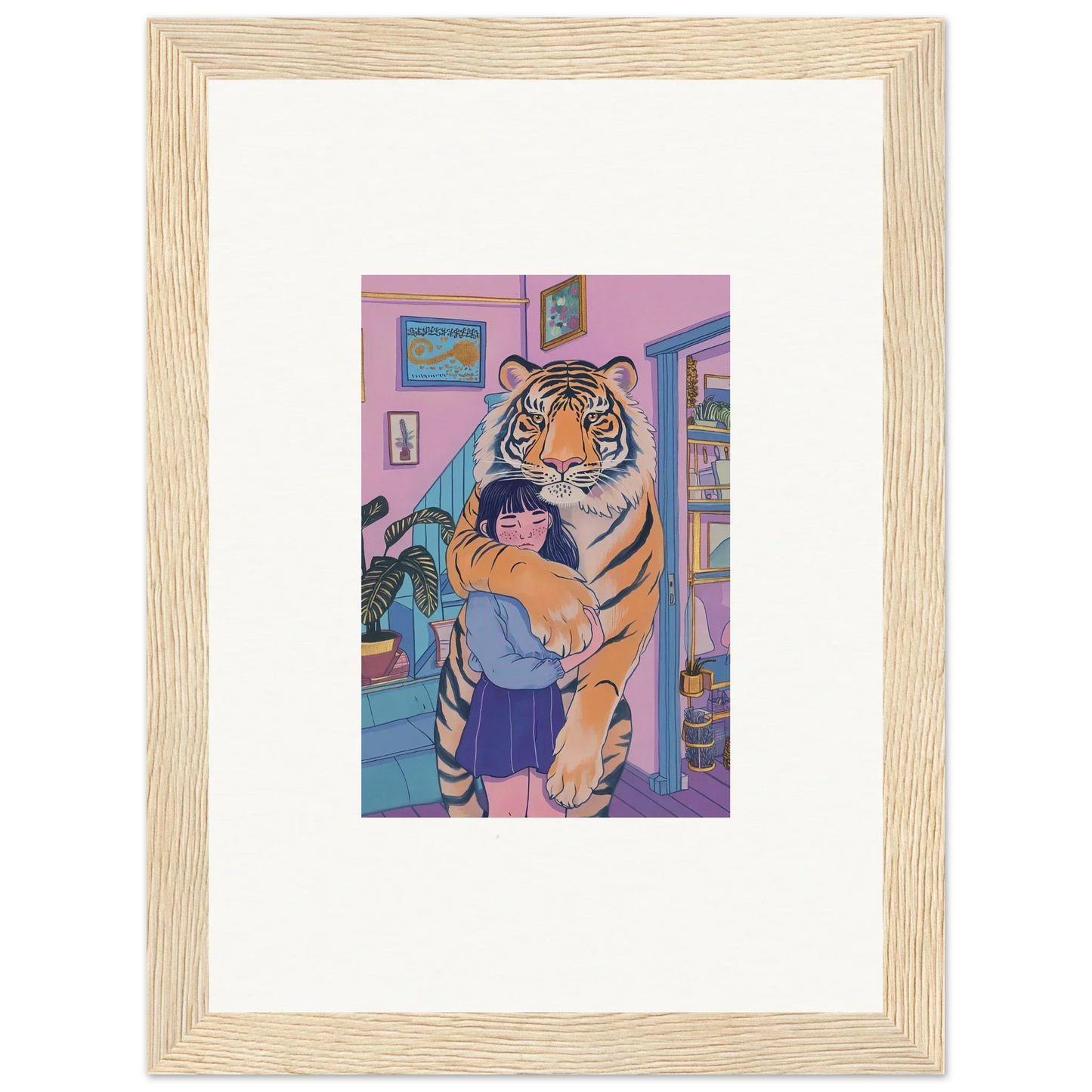 Framed canvas print of a tiger and person for room decoration, Spirit Embrace art