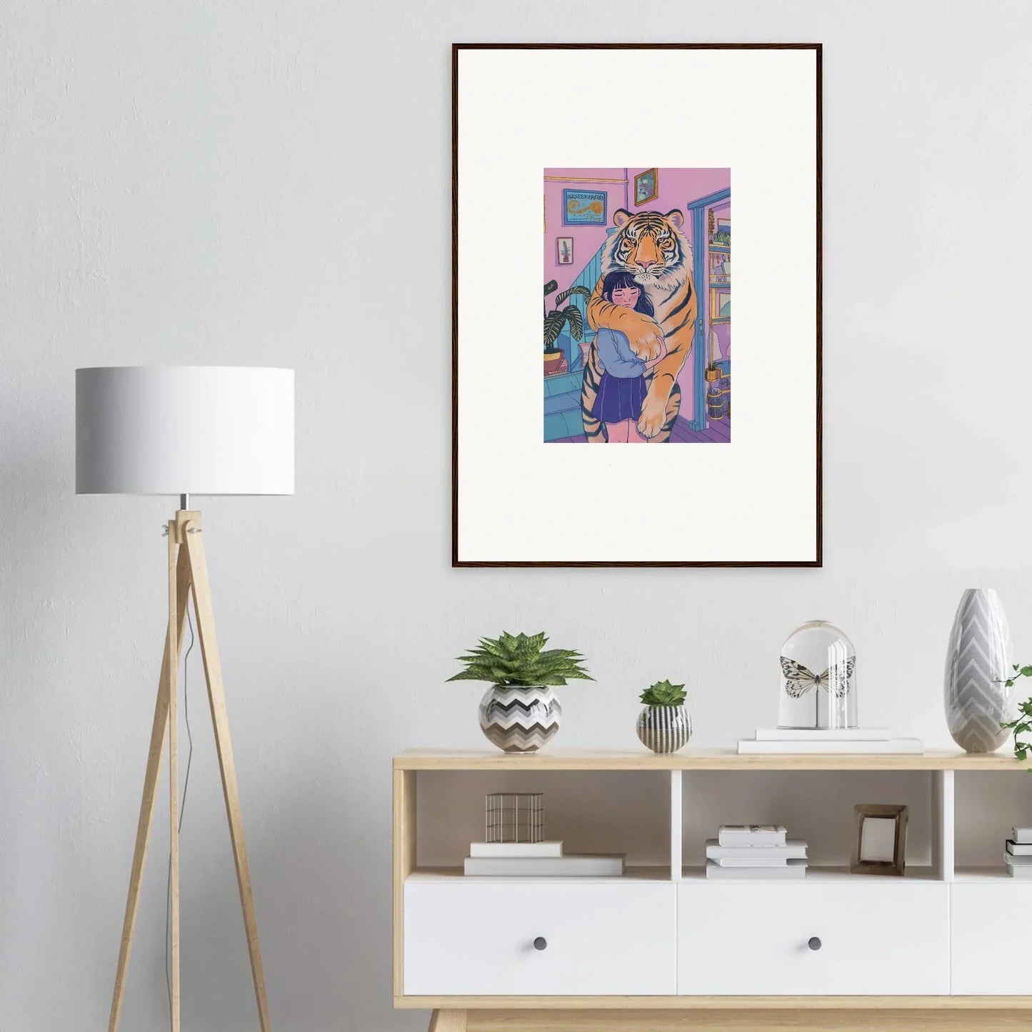 Colorful tiger face canvas print for vibrant room decoration, House Spirit Embrace