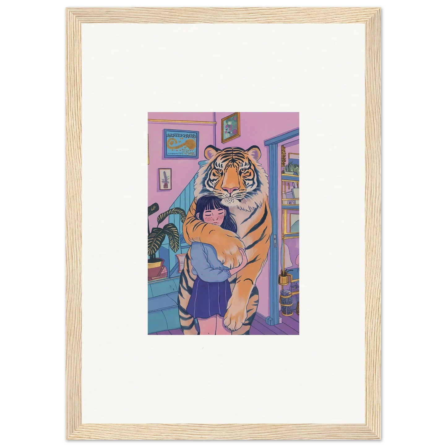 Framed canvas print of spirit embrace with a person hugging a tiger in vibrant decor