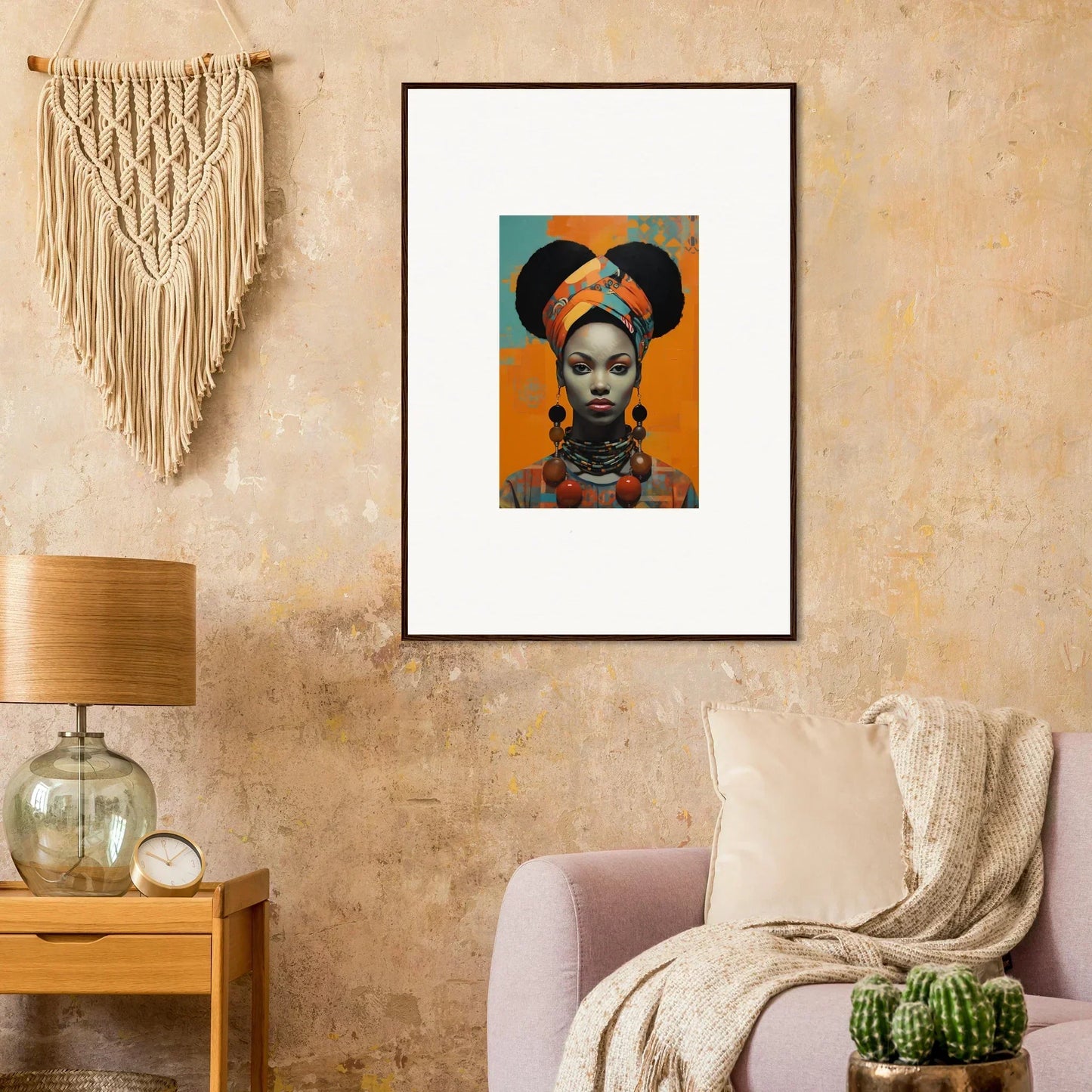 Framed wall art of African-inspired portrait from Hues Dreamkeeper Sagrado