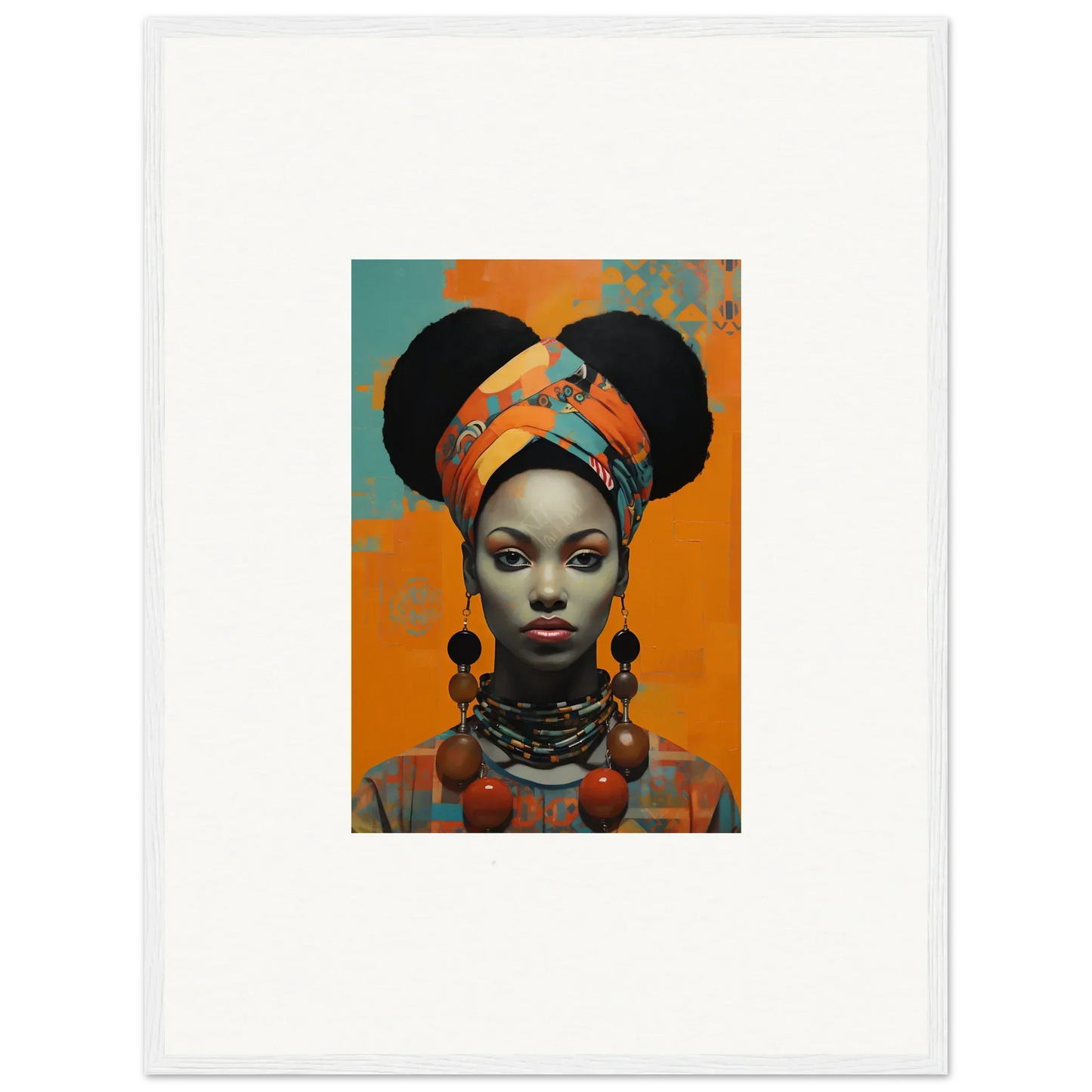 Portrait art with traditional African fashion on a vibrant orange background from Hues Dreamkeeper Sagrado