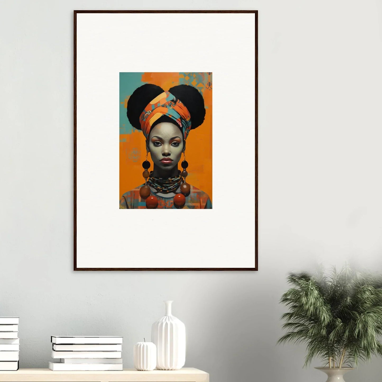 Framed wall art of traditional African fashion with vibrant orange, Hues Dreamkeeper Sagrado
