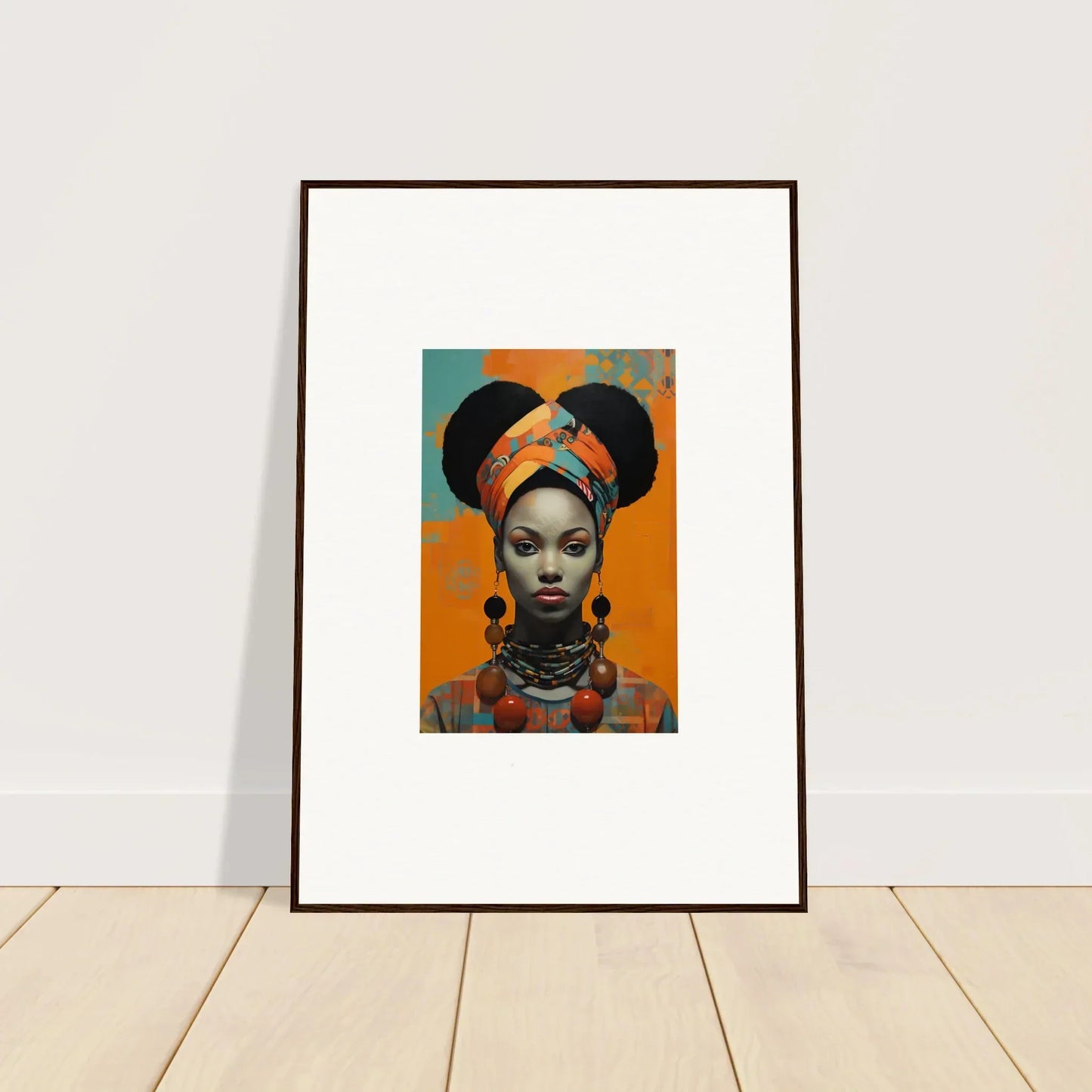 Framed wall art of Hues Dreamkeeper Sagrado in vibrant orange with African fashion