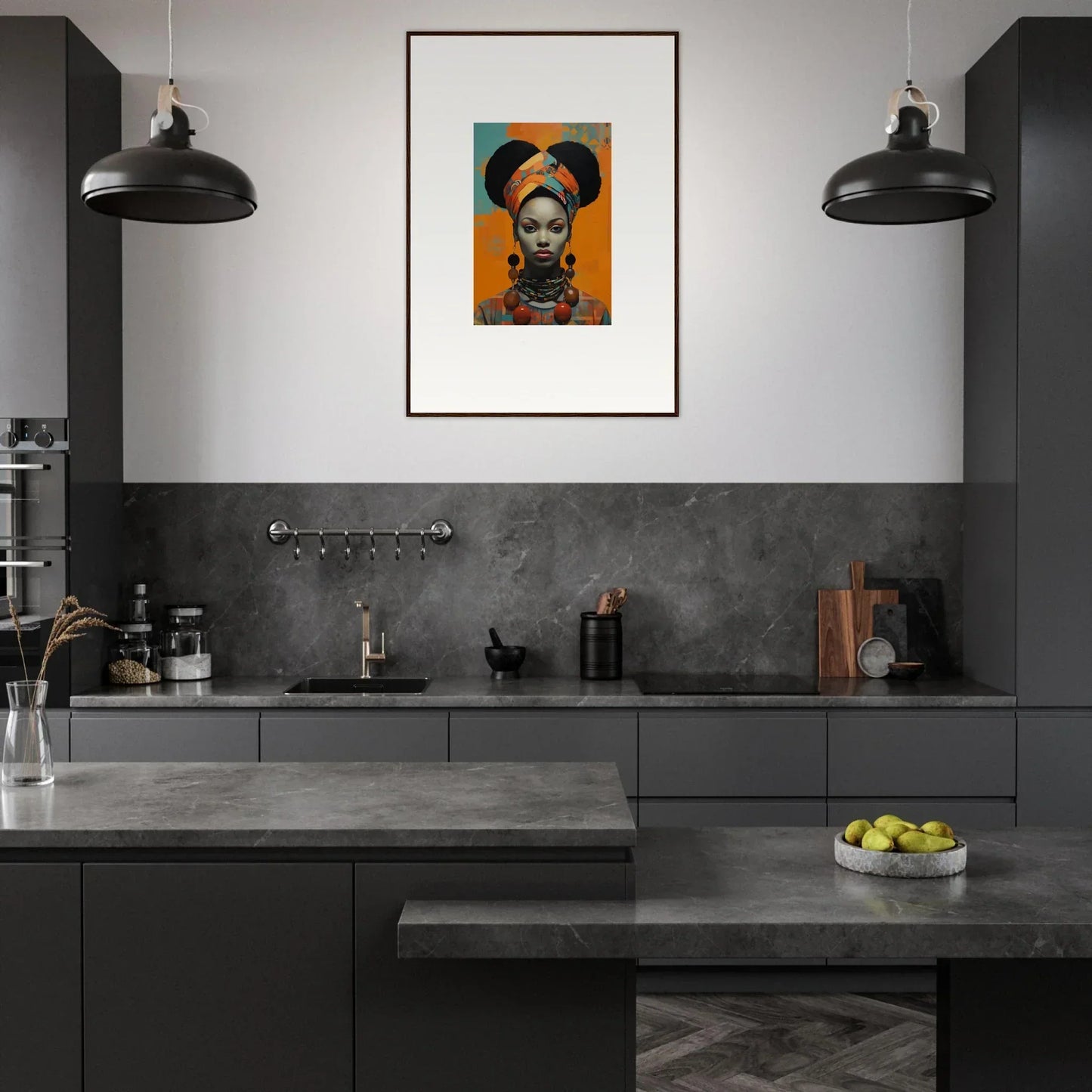 Stylish dark gray kitchen with Hues Dreamkeeper Sagrado art and cool pendant lights