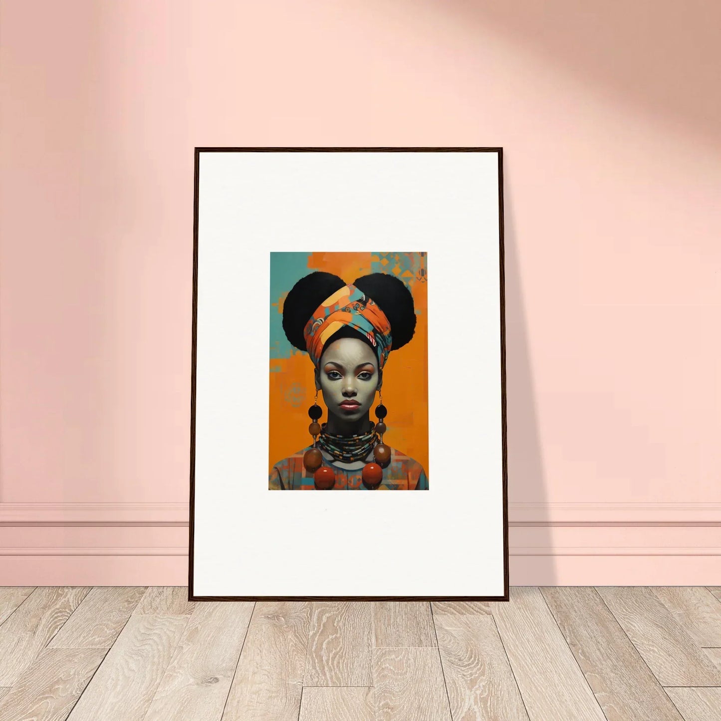 Framed wall art of African-style portrait in vibrant orange for Hues Dreamkeeper Sagrado