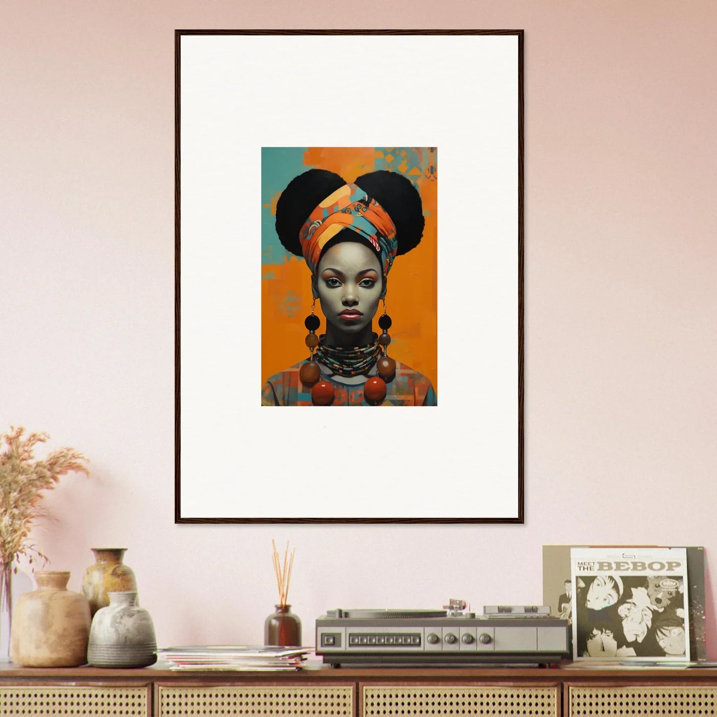 Framed wall art of an African woman in headwrap, part of Hues Dreamkeeper Sagrado