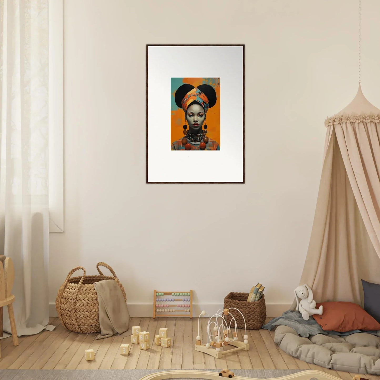 Framed wall art of Hues Dreamkeeper Sagrado with vibrant orange background displayed