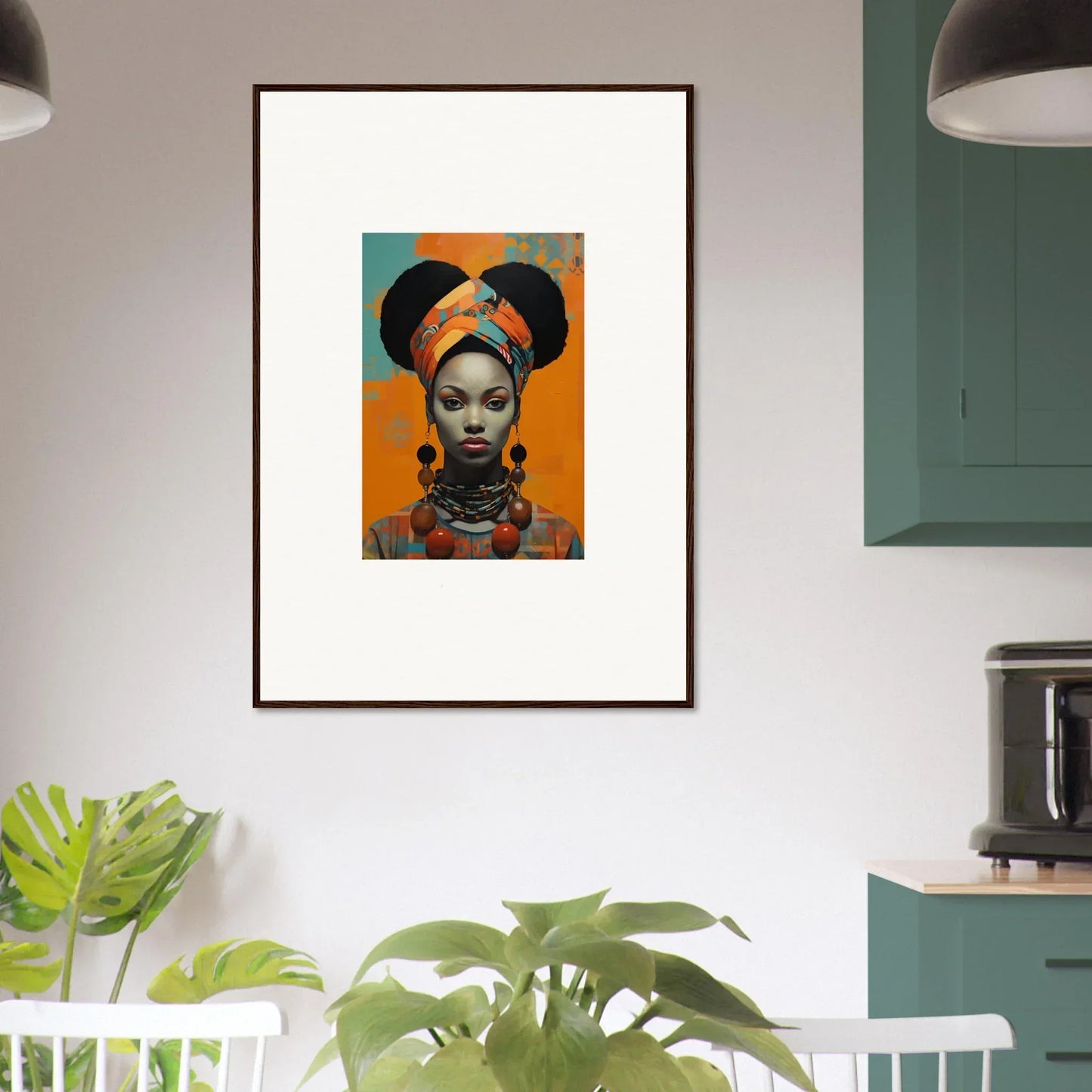 Framed wall art of Hues Dreamkeeper Sagrado with vibrant African fashion on orange background