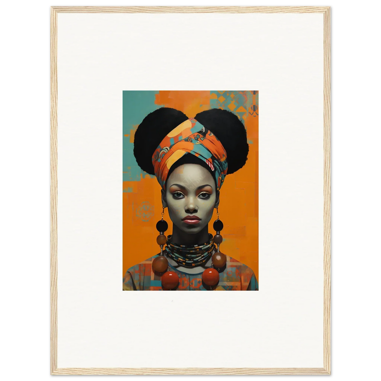 Woman in vibrant orange headwrap and jewelry from Hues Dreamkeeper Sagrado special edition art