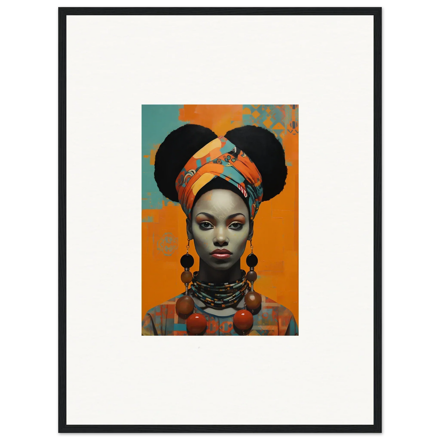 Framed wall art of Hues Dreamkeeper Sagrado with African headwrap and jewelry on orange