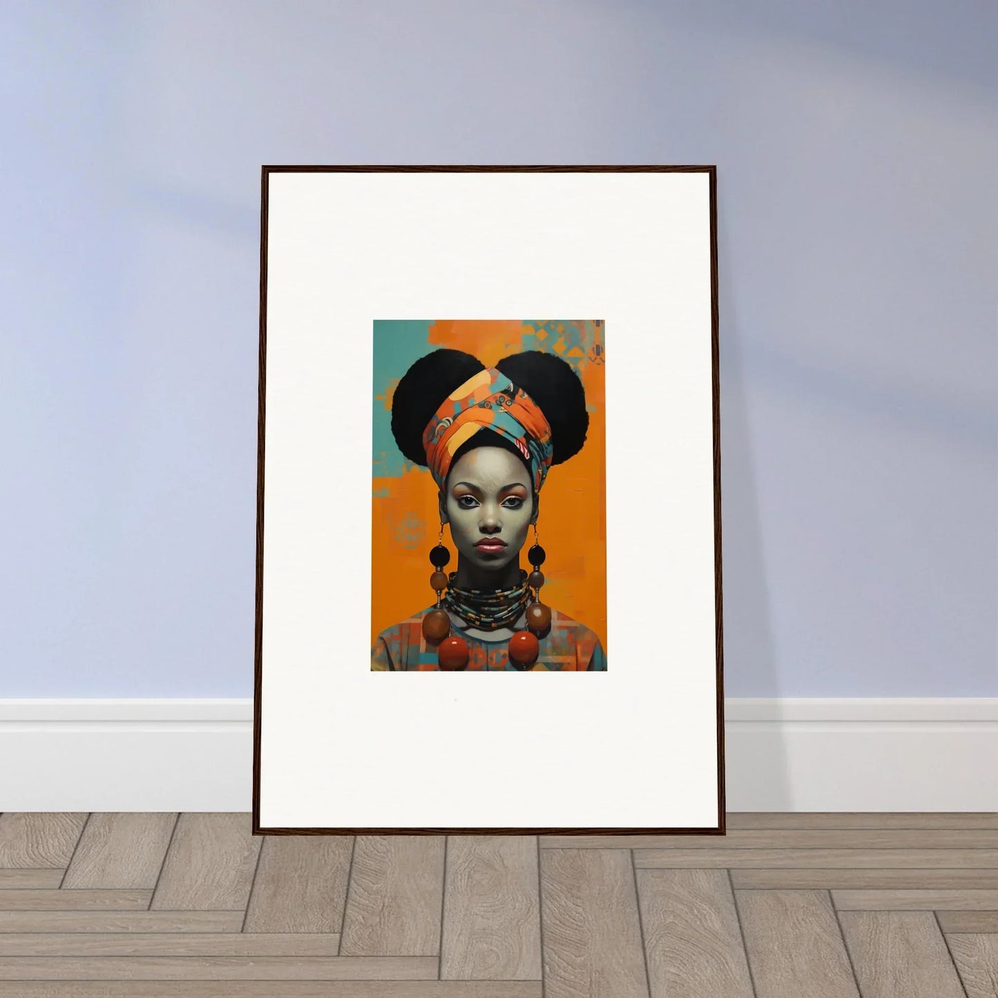 Framed wall art of Hues Dreamkeeper Sagrado showcasing African headwrap and jewelry