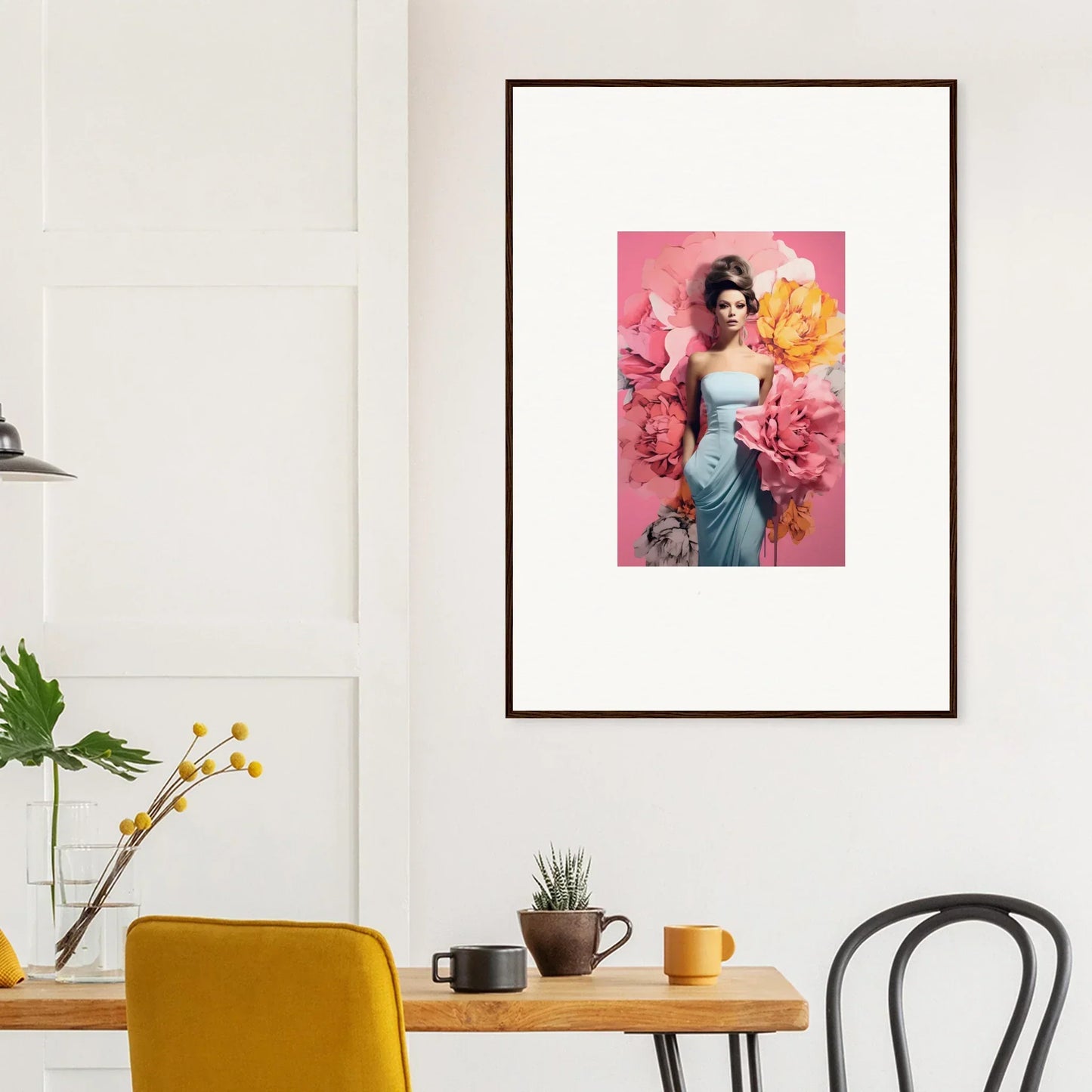 Framed Hydrangea Goddess Inversion artwork with figure in blue dress and floral accents