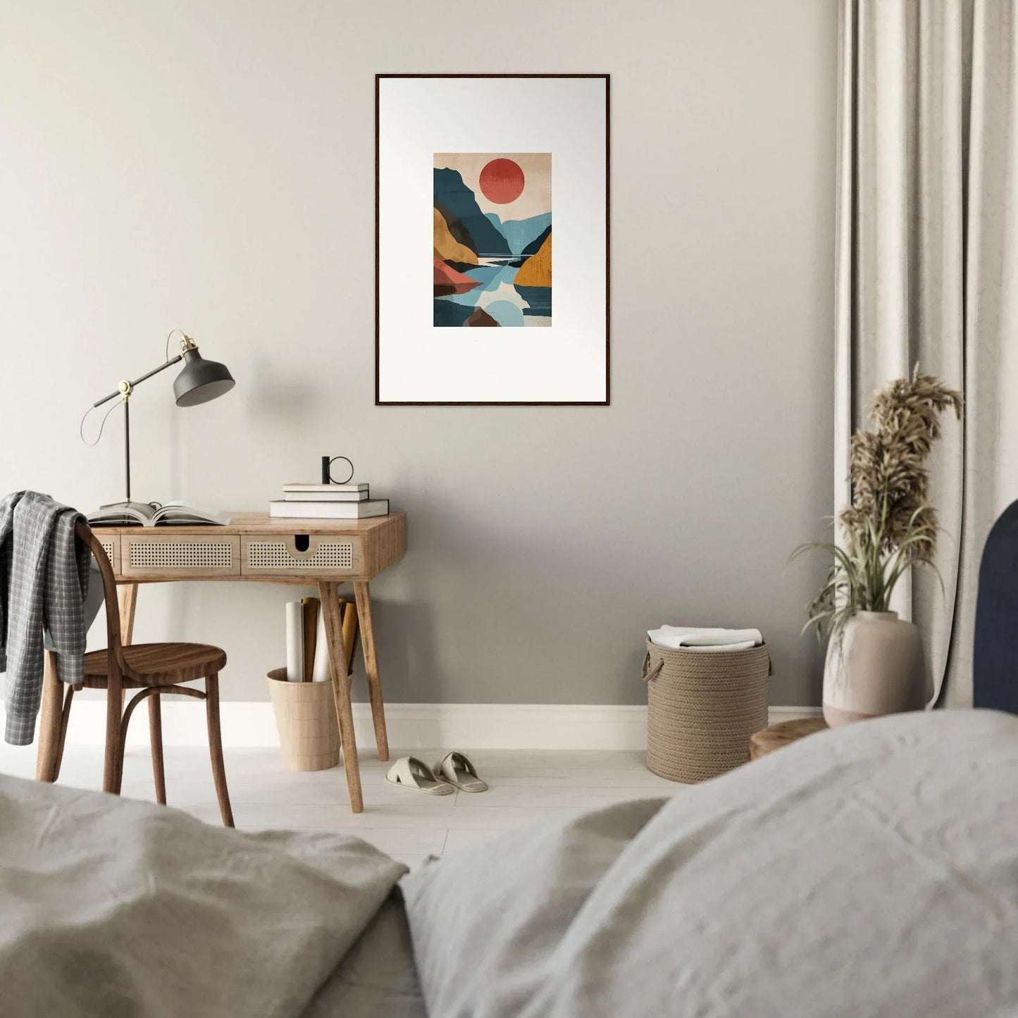 Framed canvas print of Hypnotic Horizon Echoes with geometric shapes and a red sun