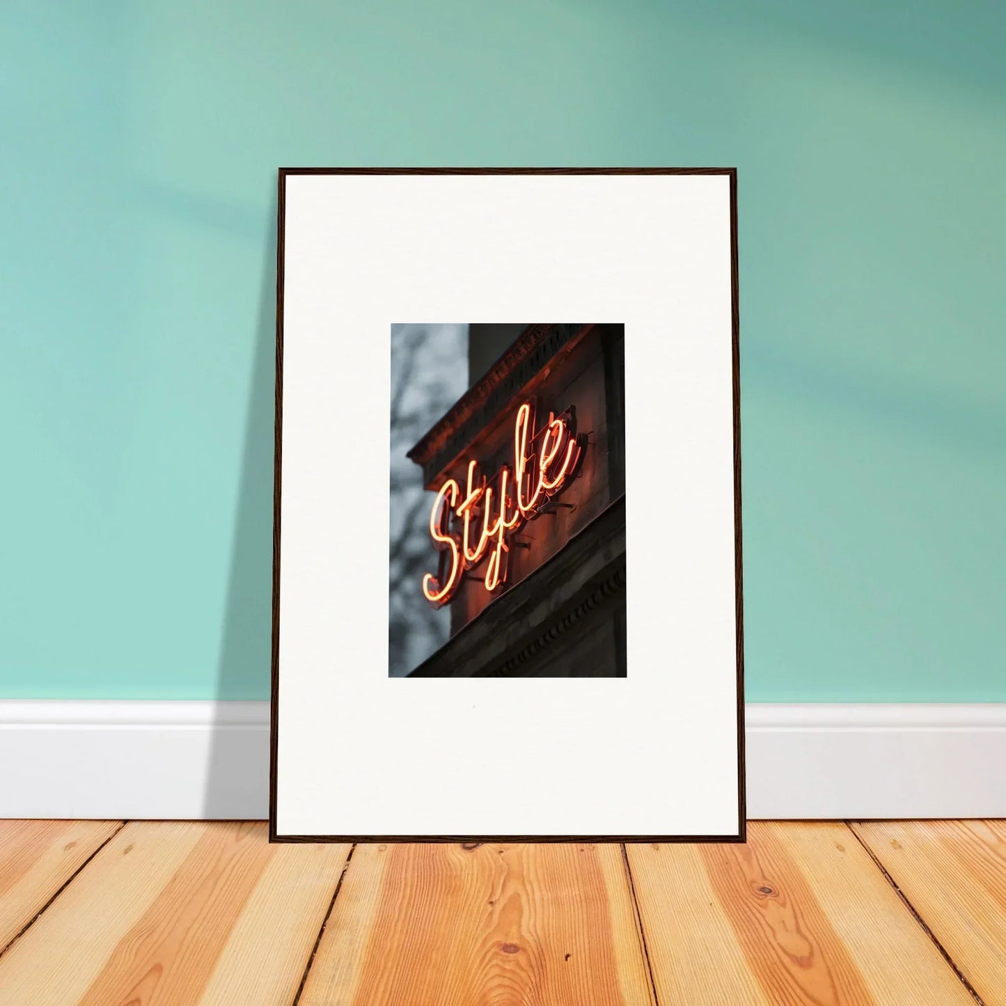Framed photograph of a neon Style sign for trendy room decoration wall art