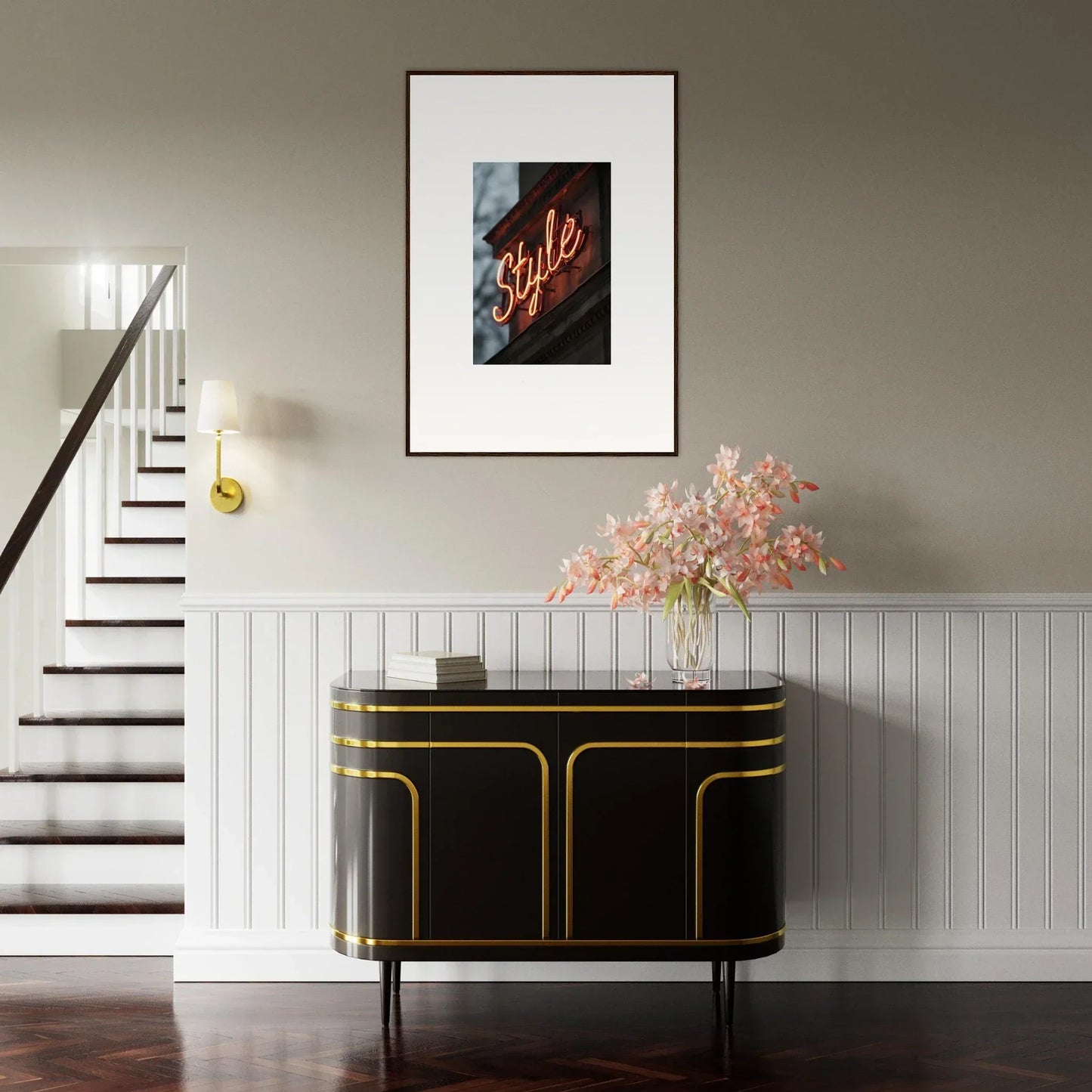 Stylish black sideboard with gold trim and pink flowers for chic room decoration
