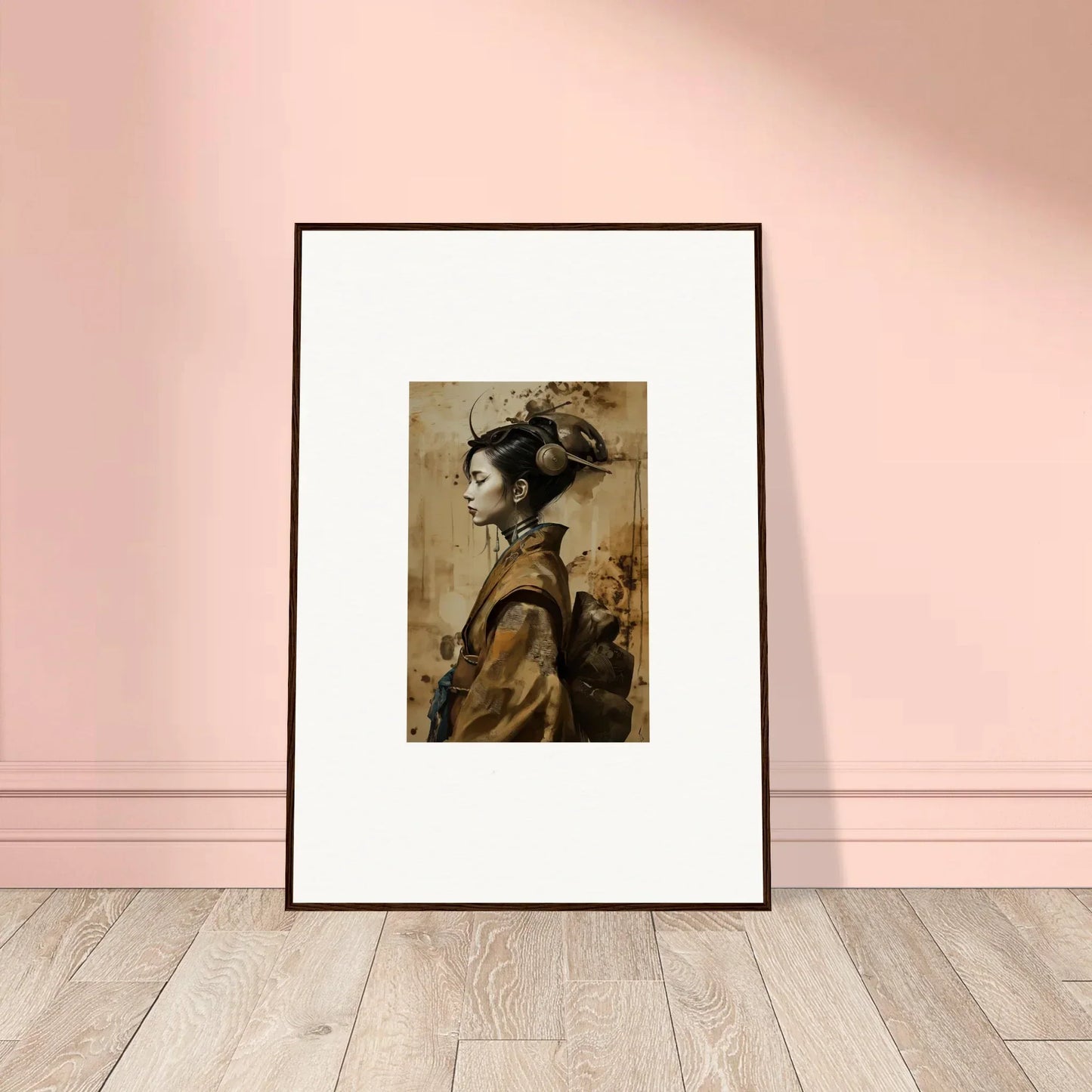 Framed portrait of a woman in traditional Japanese attire for room decoration, geisha shadowed canvas print