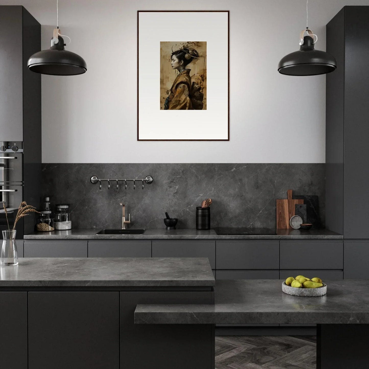 Modern kitchen with dark gray cabinetry, lit by pendant lights and a Geisha Shadowed canvas print