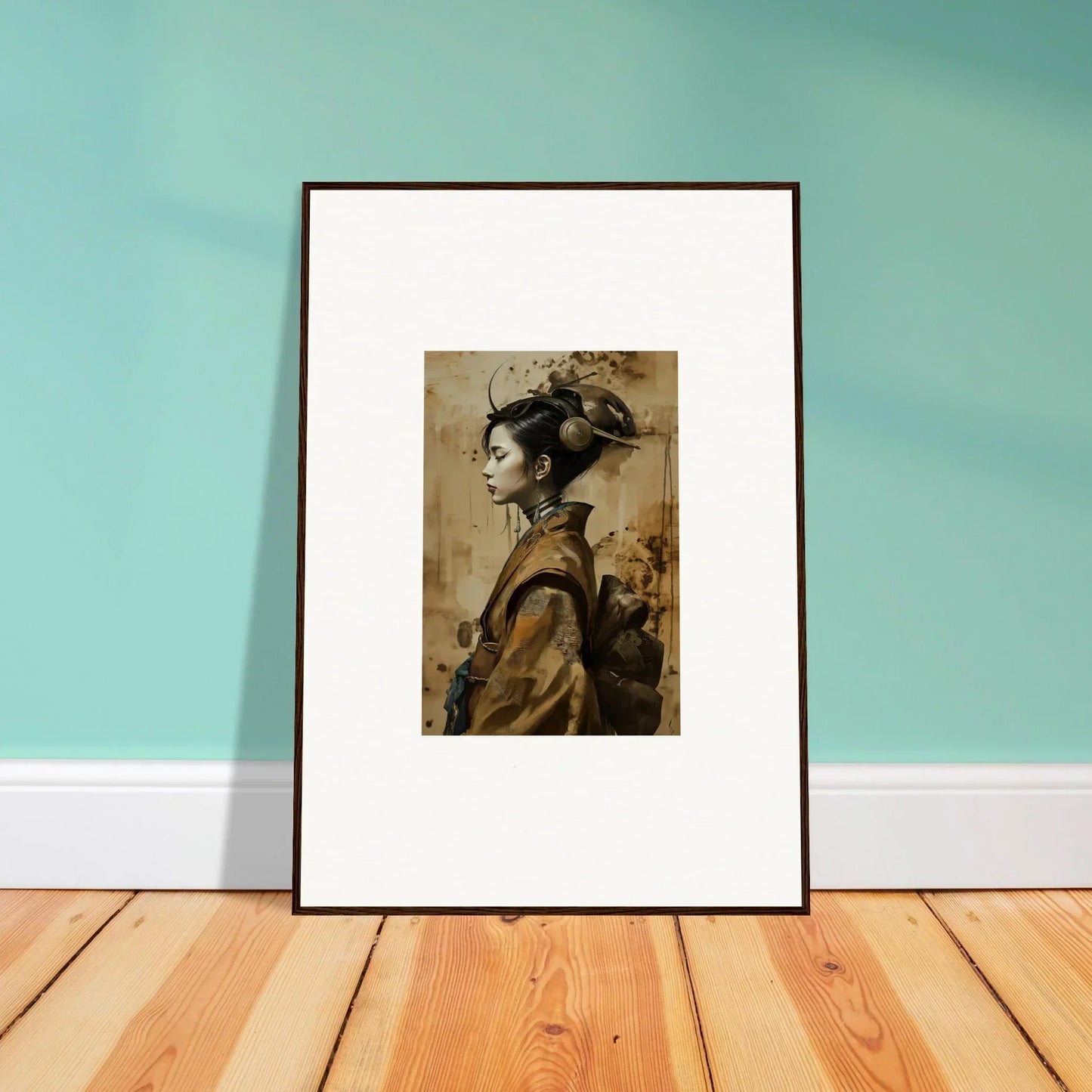 Framed canvas print of a woman in geisha attire, perfect for room decoration