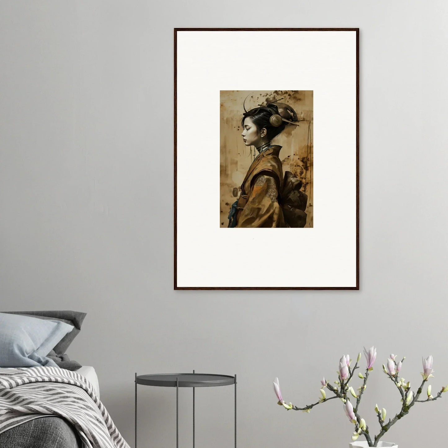 Framed canvas print of geisha shadowed portrait for stylish room decoration