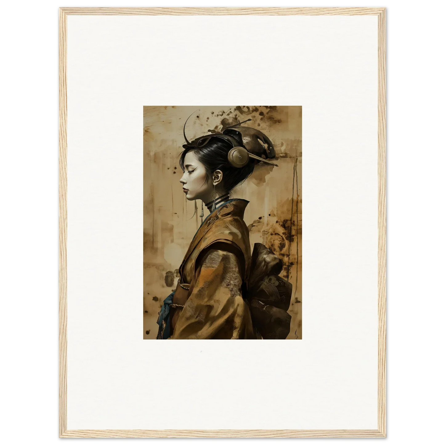 Framed portrait of a woman in geisha shadowed attire, perfect for room decoration