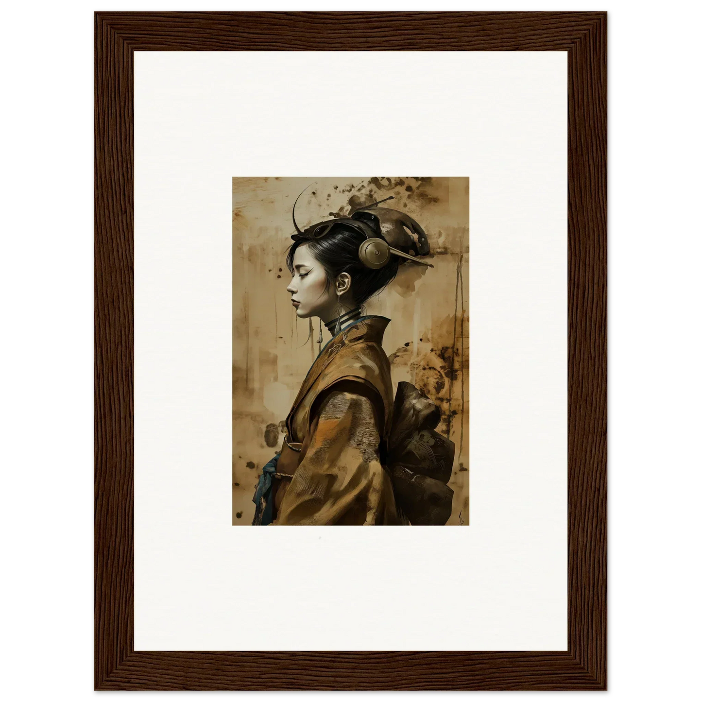 Framed canvas print of a geisha shadowed in elegant East Asian attire for room decoration